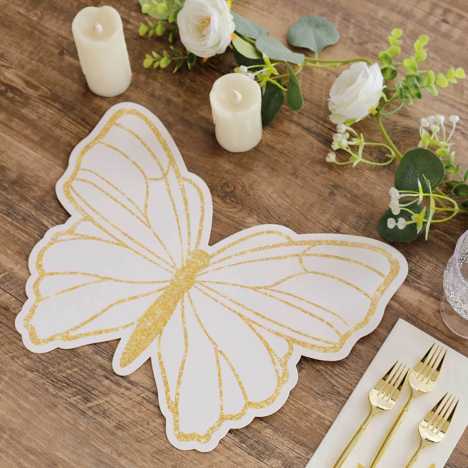 10-Pack Disposable Table Placemats 14" White Butterfly Design with Gold Glitters - 400GSM Cardboard Placemats for Stylish Party Tableware - Image 10