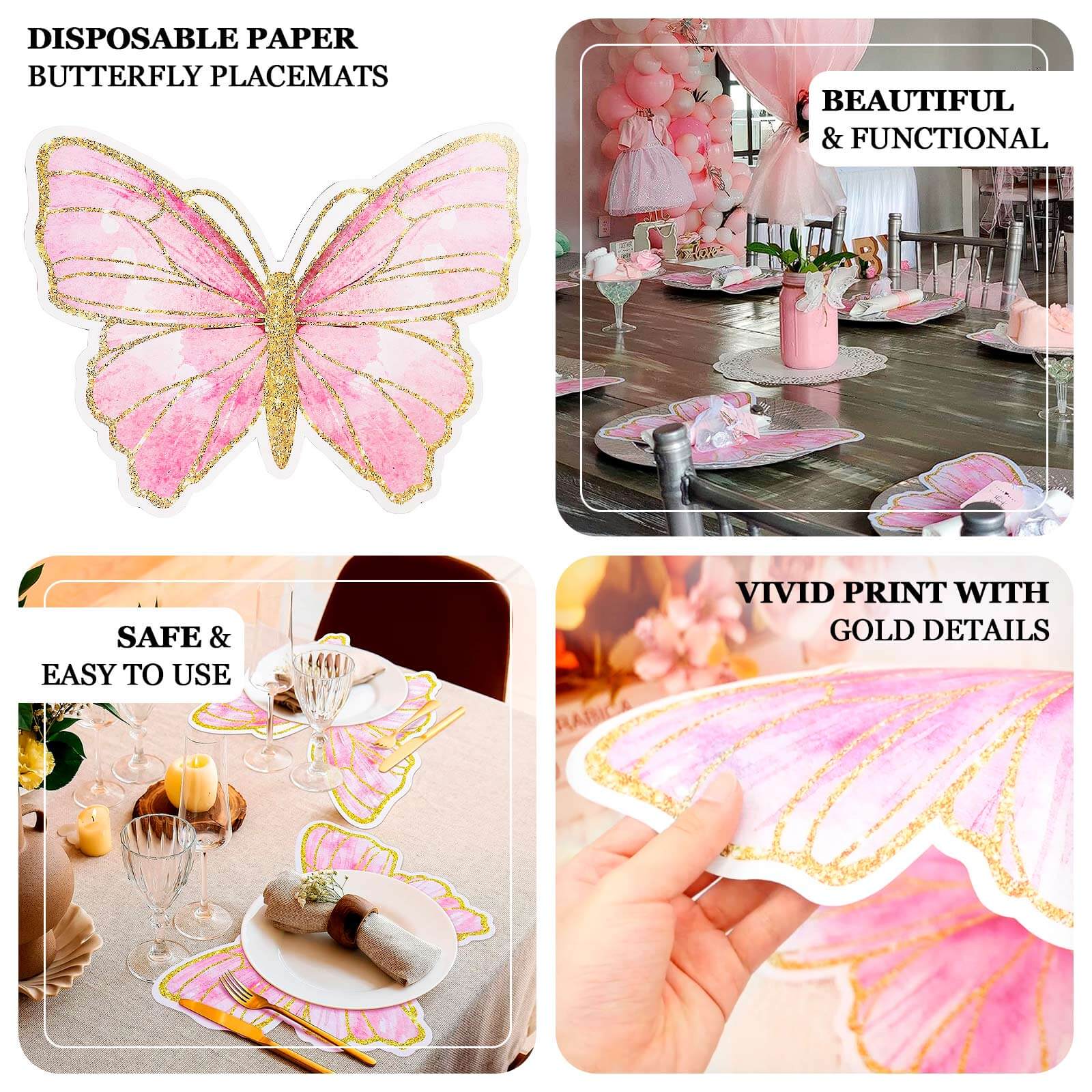 10-Pack Disposable Table Placemats 14" White Butterfly Design with Gold Glitters - 400GSM Cardboard Placemats for Stylish Party Tableware - Image 4