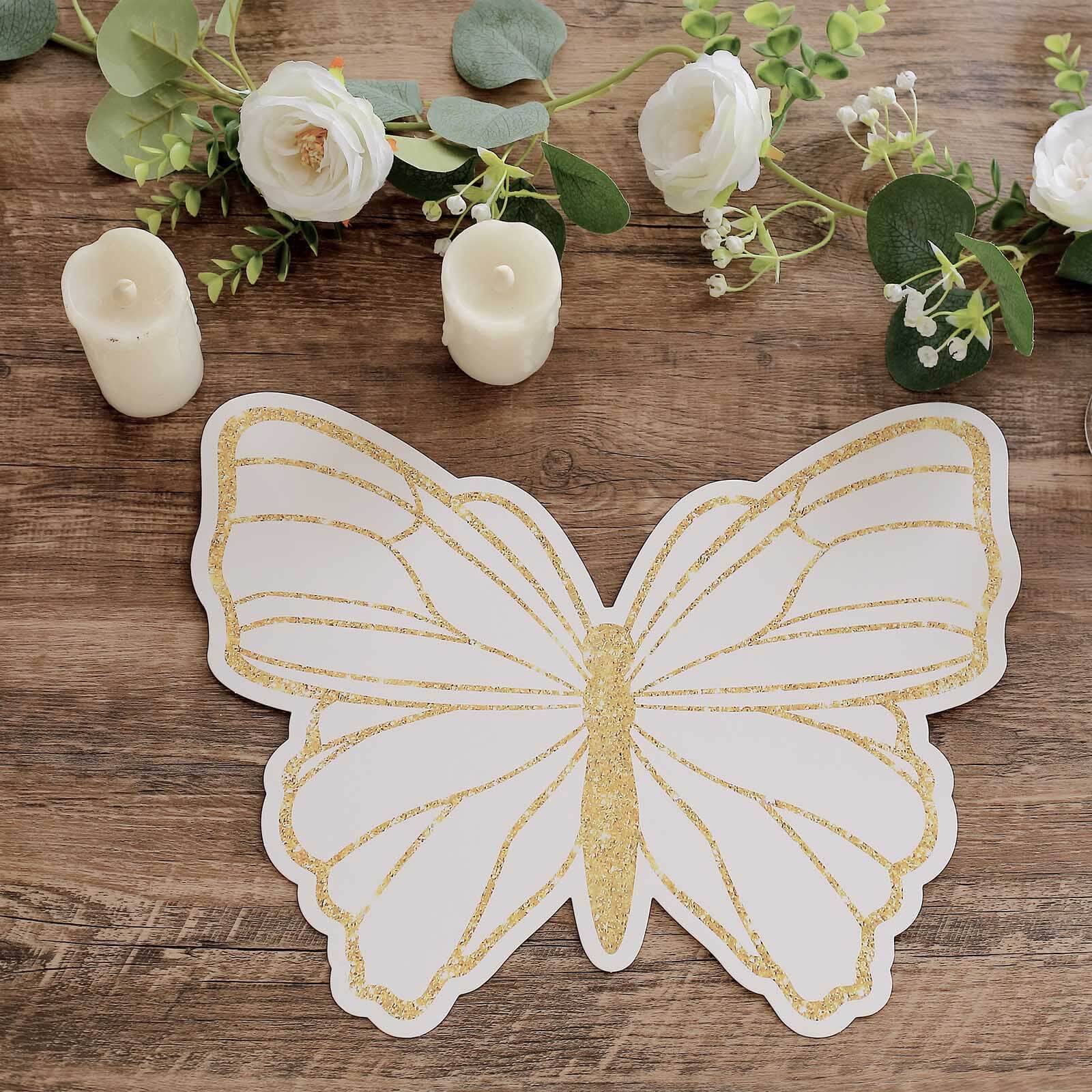 10-Pack Disposable Table Placemats 14" White Butterfly Design with Gold Glitters - 400GSM Cardboard Placemats for Stylish Party Tableware - Image 9