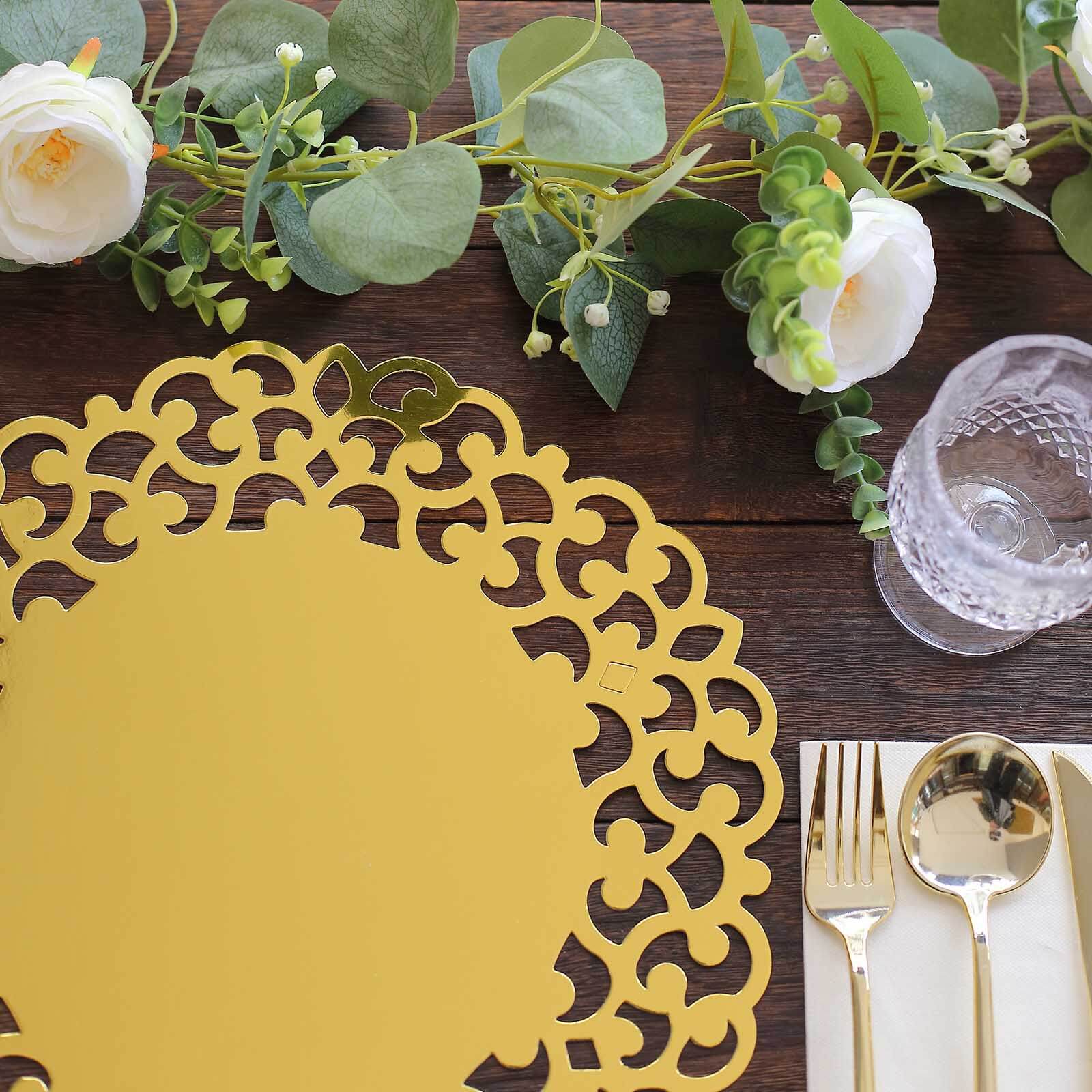 6-Pack Disposable Table Placemats 13" Metallic Gold Laser Cut Floral Rim - 400GSM Cardboard Placemats for Upscale Occasions - Image 5