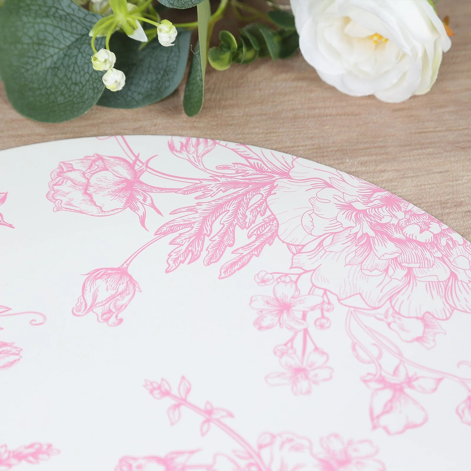 10-Pack Disposable Table Placemats in French Toile Print 13" in White/Matte Pink - Classy Cardboard Placemats for Dinner Parties & Banquets - Image 9