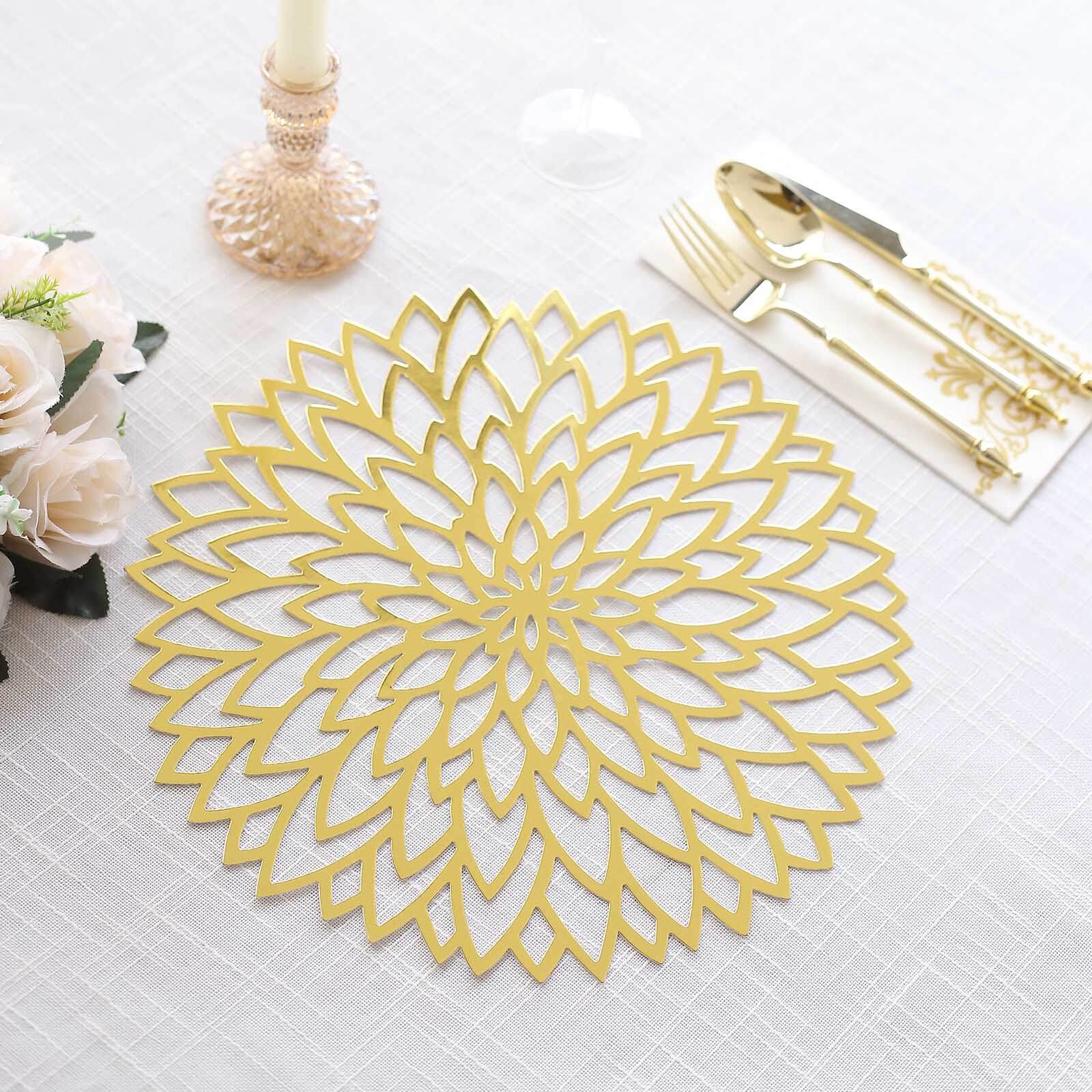 6-Pack Disposable Table Placemats 13" Metallic Gold Laser Cut Hibiscus Flower Design - 400GSM Cardboard Placemats for Upscale Events - Image 6