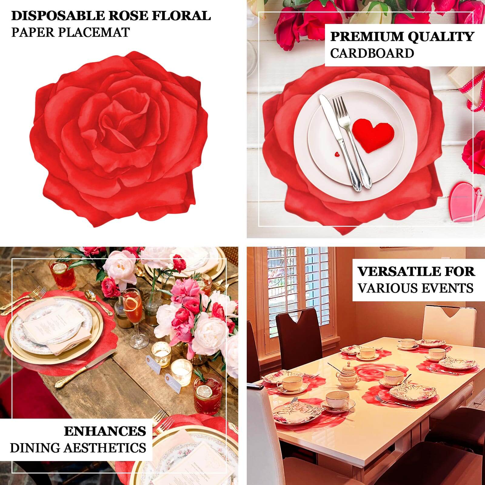 10-Pack Disposable Table Placemats 14" Red Rose Flower Design - 400GSM Floral Cardboard Placemats for Romantic Dinners & Weddings - Image 4