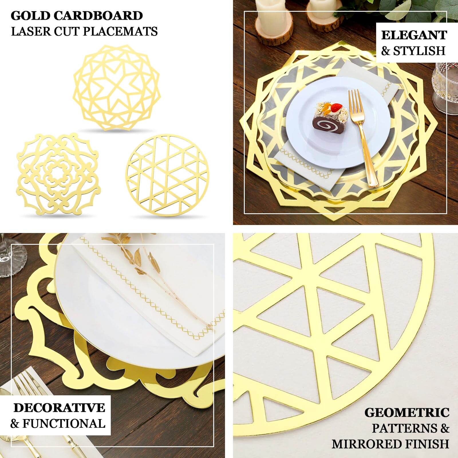 6-Pack Disposable Table Placemats 13" Metallic Gold Laser Cut Geometric Star Design - 700GSM Cardboard Placemats for Upscale Occasions - Image 4