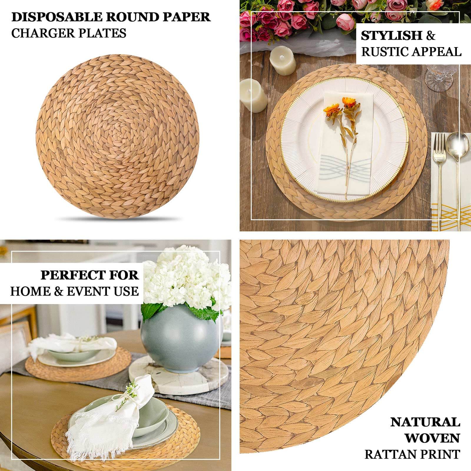 6-Pack Disposable Table Placemats 13" Natural with Woven Rattan Print - 700GSM Cardboard Placemats for Rustic & Boho Themed Events - Image 4