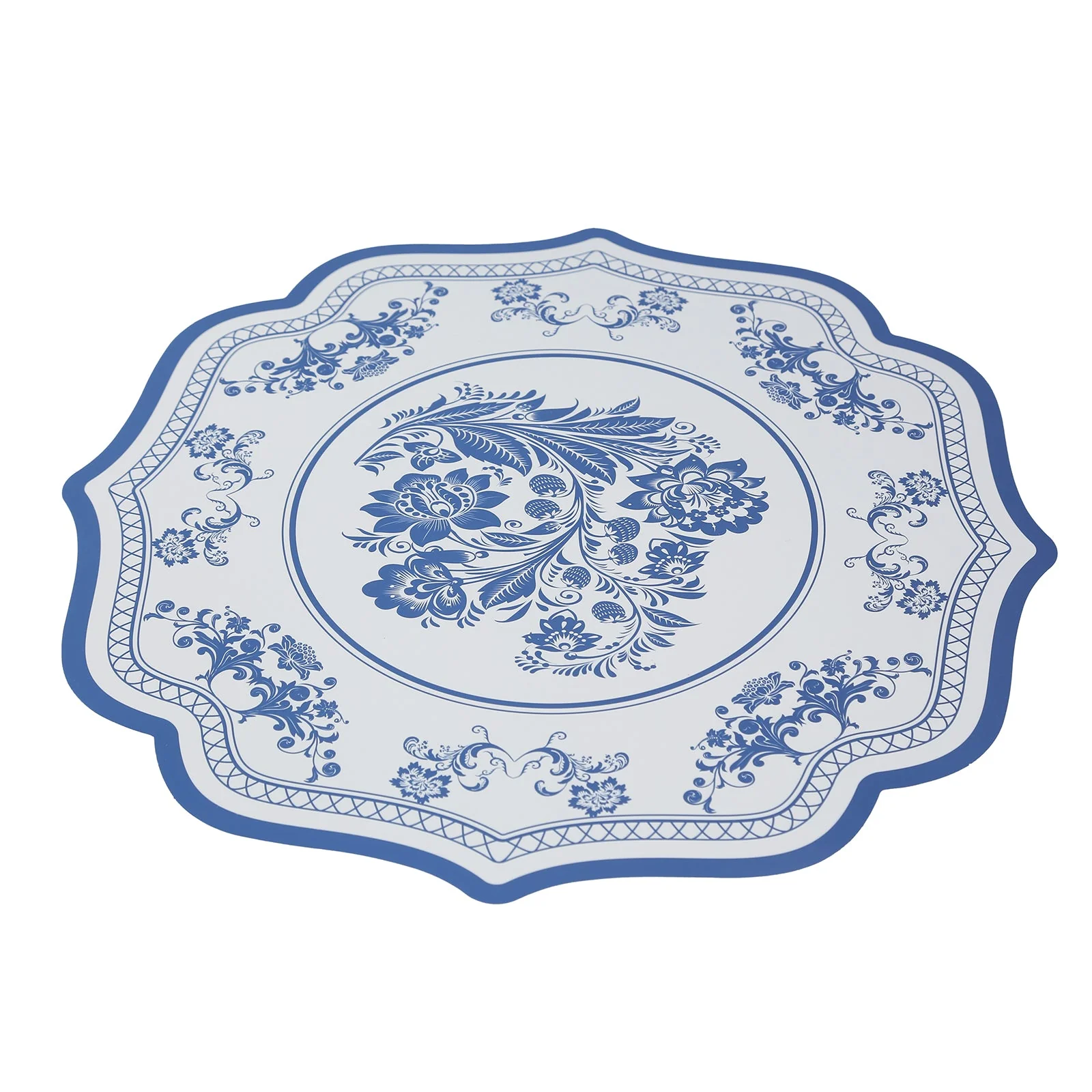 10-Pack Disposable Table Placemats 13" White with Blue Damask Floral Pattern & Scalloped Rim - 400GSM Cardboard Placemats for Classy Events - Image 7