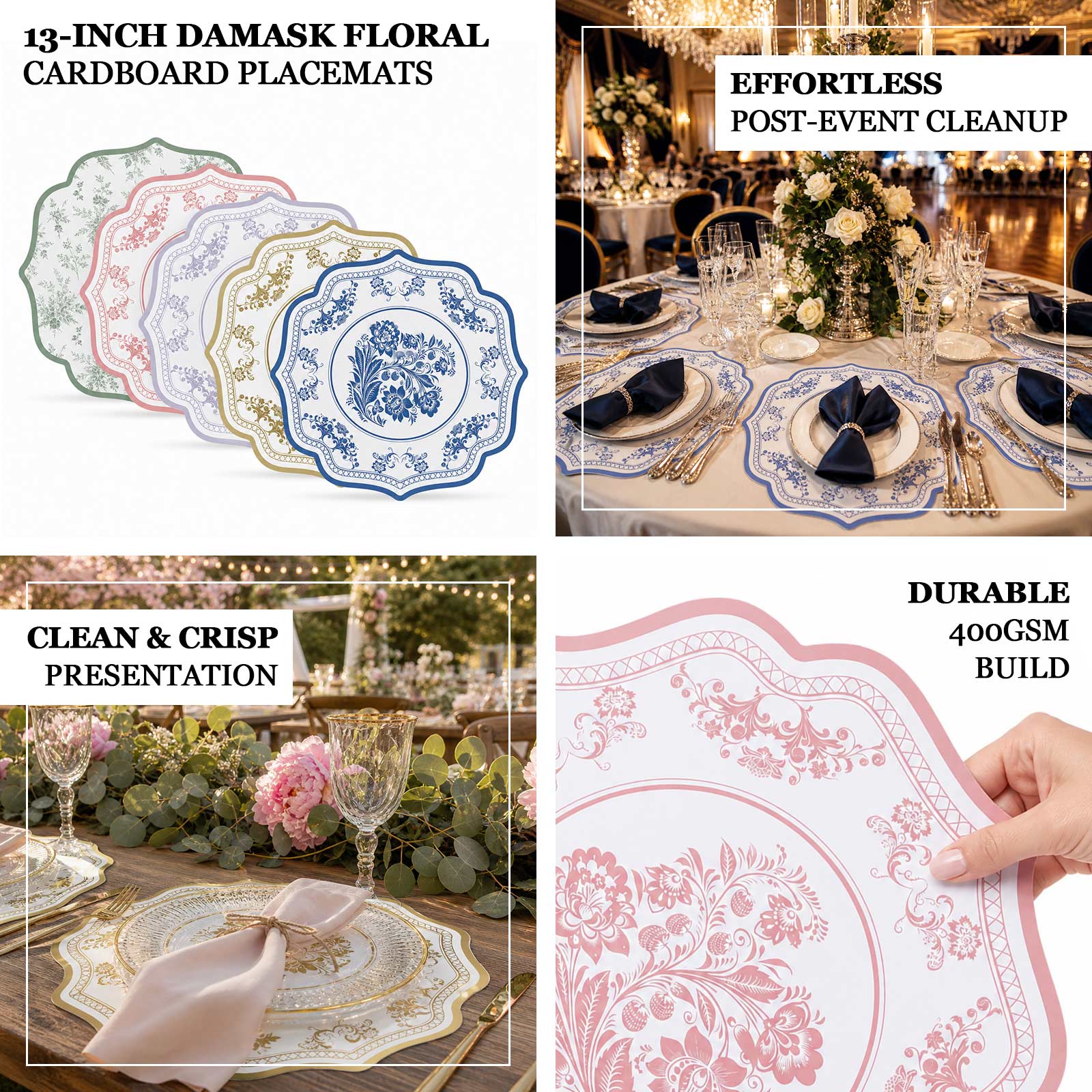 10-Pack Disposable Table Placemats 13" White with Pink Damask Floral Pattern & Scalloped Rim - 400GSM Cardboard Placemats for Classy Events - Image 4