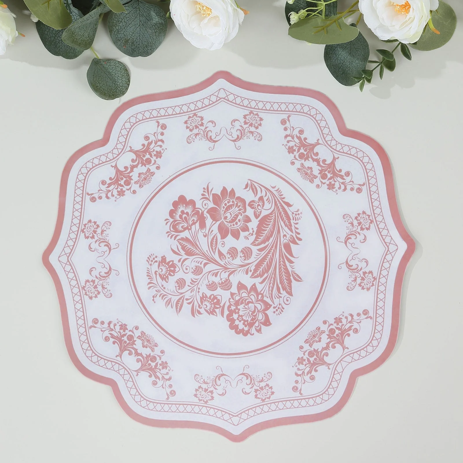 10-Pack Disposable Table Placemats 13" White with Pink Damask Floral Pattern & Scalloped Rim - 400GSM Cardboard Placemats for Classy Events - Image 5