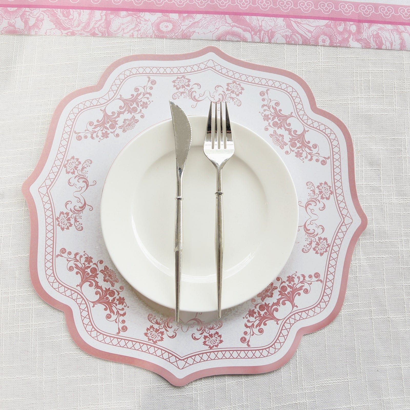 10-Pack Disposable Table Placemats 13" White with Pink Damask Floral Pattern & Scalloped Rim - 400GSM Cardboard Placemats for Classy Events - Image 6