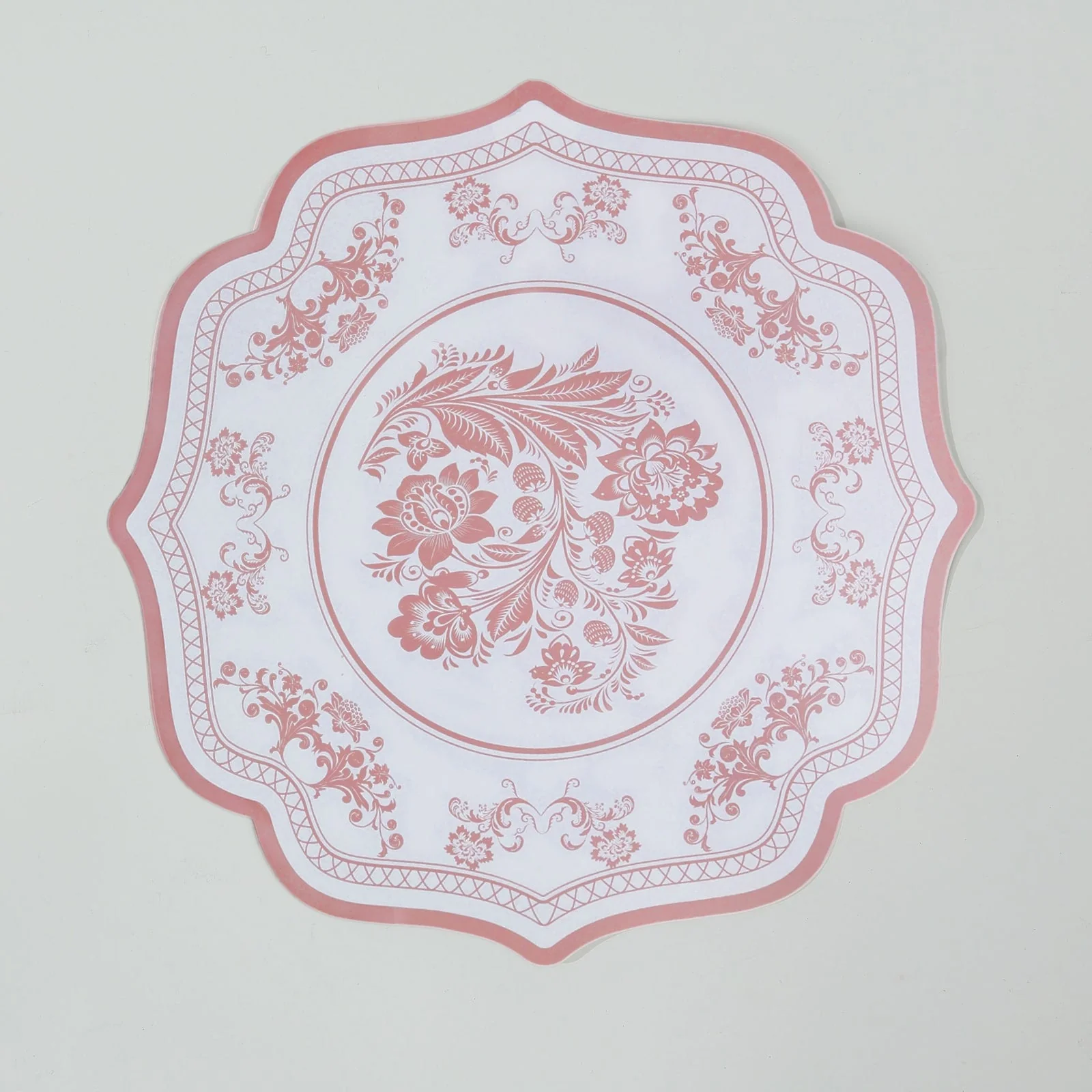 10-Pack Disposable Table Placemats 13" White with Pink Damask Floral Pattern & Scalloped Rim - 400GSM Cardboard Placemats for Classy Events - Image 8