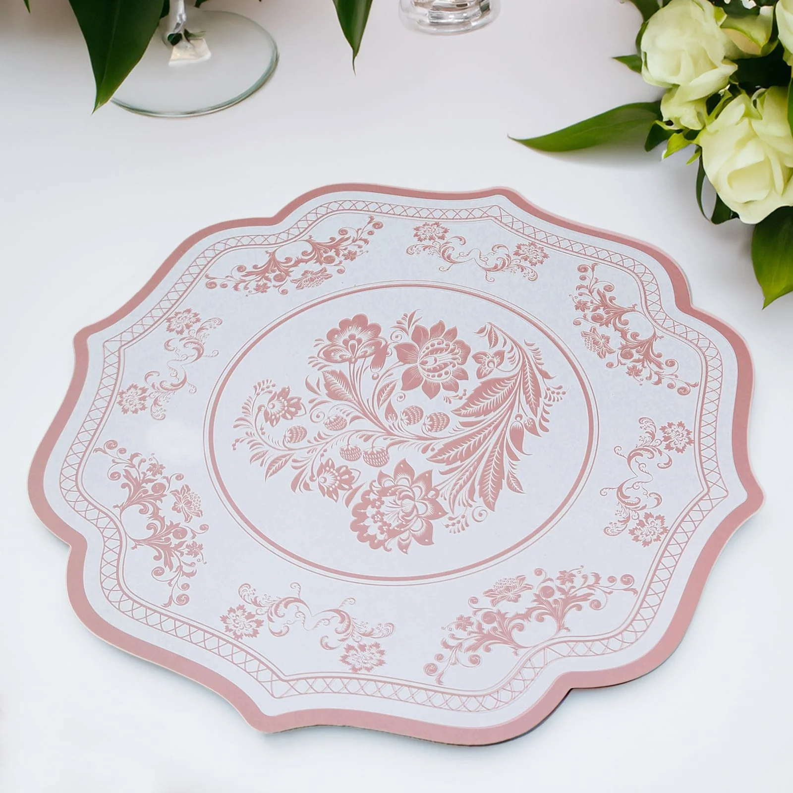 10-Pack Disposable Table Placemats 13" White with Pink Damask Floral Pattern & Scalloped Rim - 400GSM Cardboard Placemats for Classy Events - Image 9