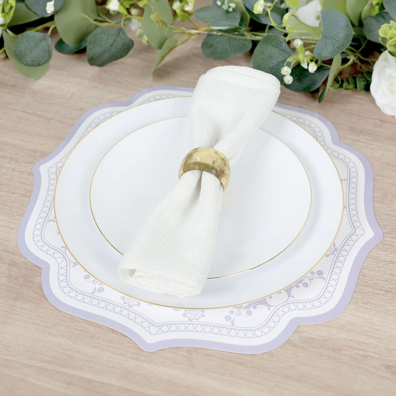 10-Pack Disposable Table Placemats 13" White with Lavender Damask Floral Pattern & Scalloped Rim - 400GSM Cardboard Placemats for Classy Events - Image 4