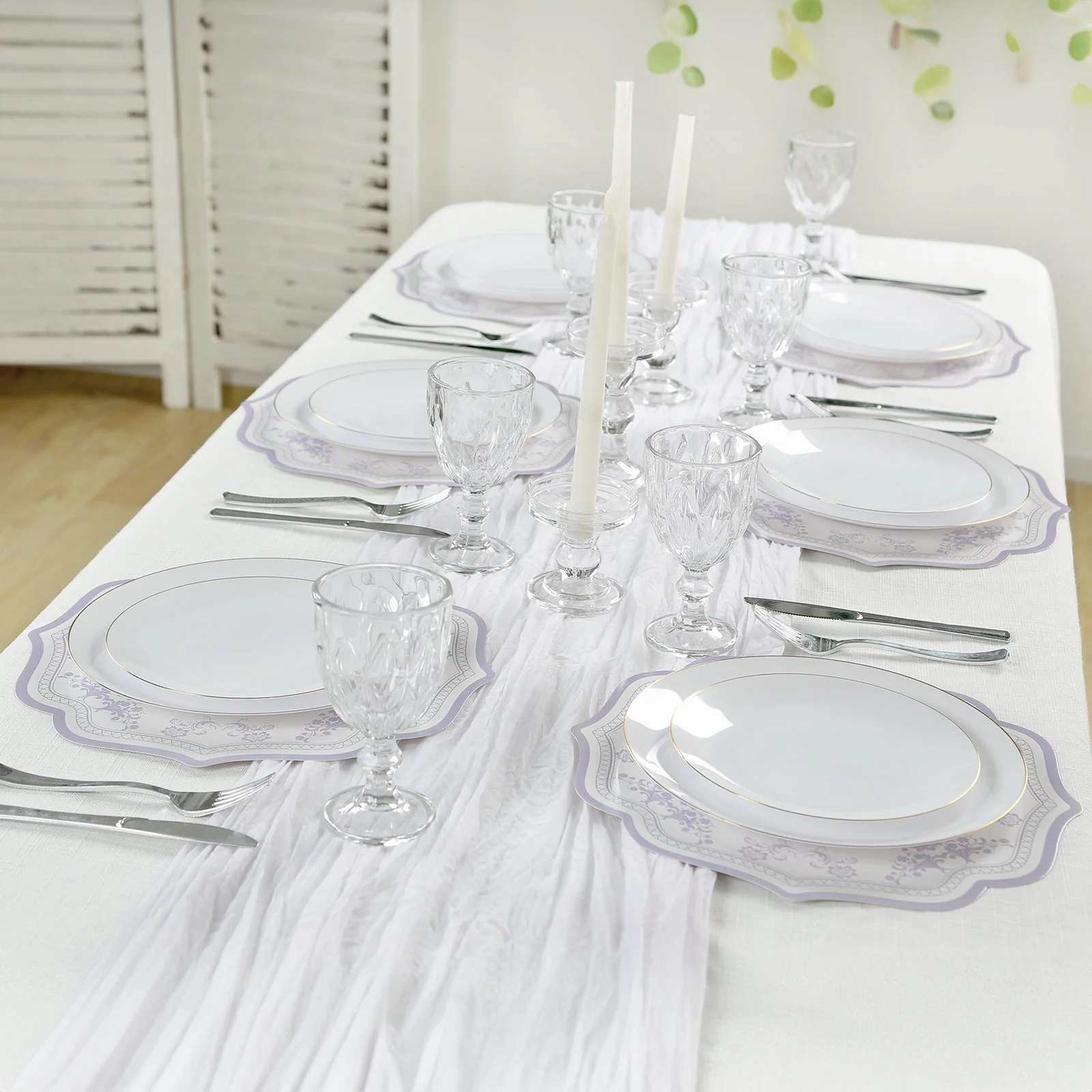 10-Pack Disposable Table Placemats 13" White with Lavender Damask Floral Pattern & Scalloped Rim - 400GSM Cardboard Placemats for Classy Events - Image 7