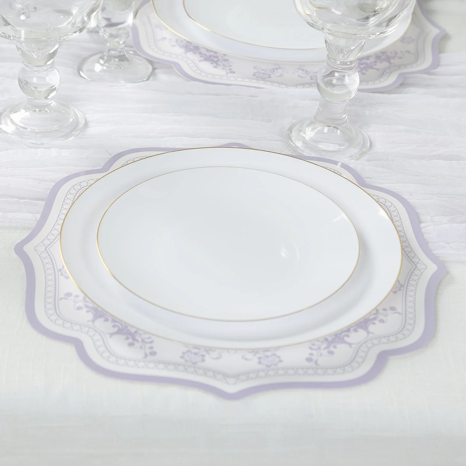 10-Pack Disposable Table Placemats 13" White with Lavender Damask Floral Pattern & Scalloped Rim - 400GSM Cardboard Placemats for Classy Events - Image 8