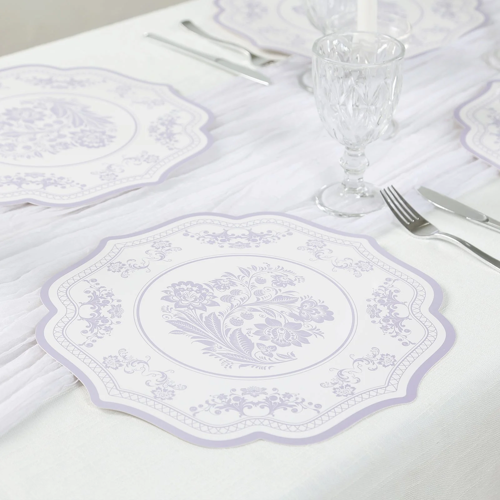 10-Pack Disposable Table Placemats 13" White with Lavender Damask Floral Pattern & Scalloped Rim - 400GSM Cardboard Placemats for Classy Events - Image 9