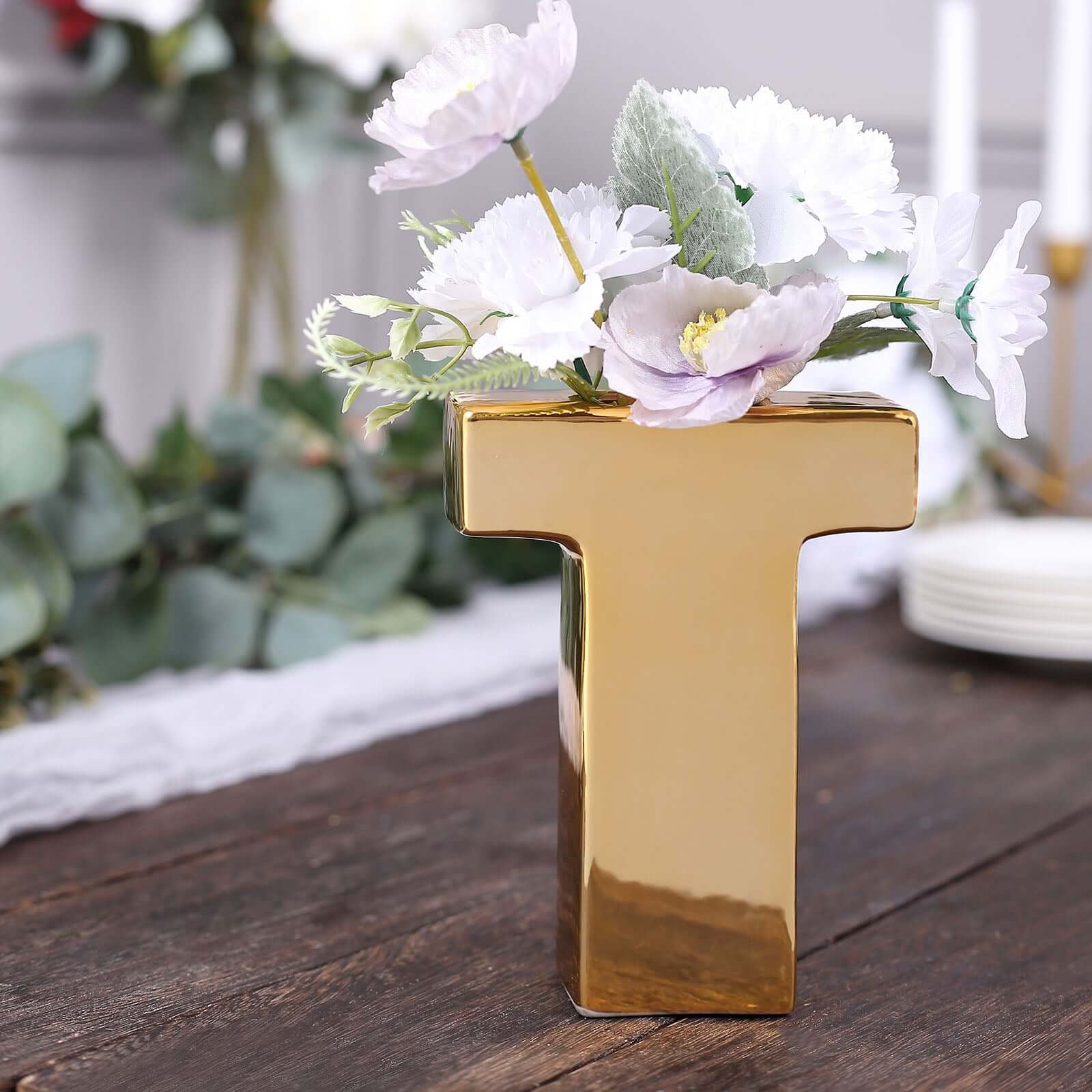 Ceramic Letter "T" Vase Shiny Gold Plated 6" - Stylish Bud Planter Pot for Table Centerpieces - Image 7