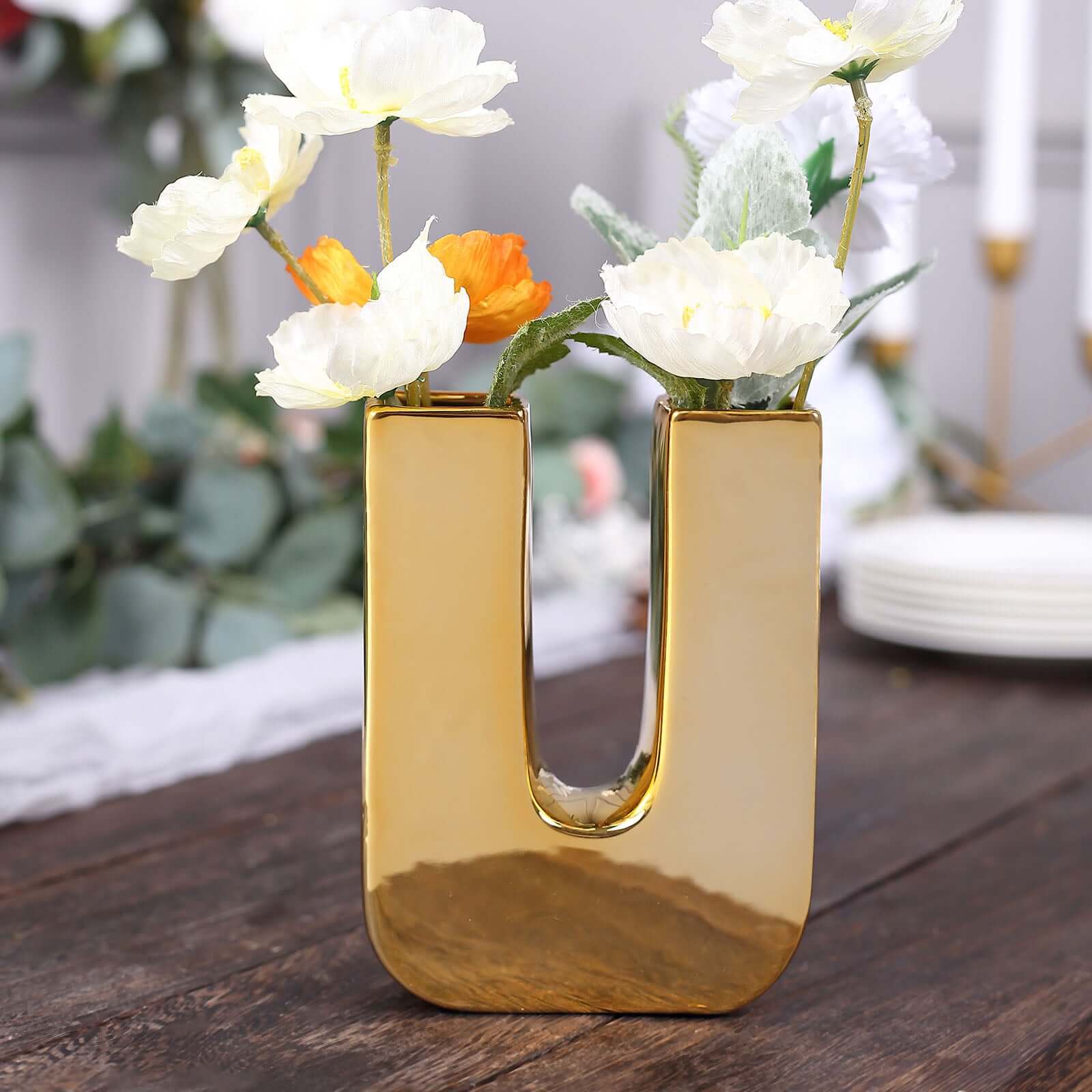 Ceramic Letter "U" Vase Shiny Gold Plated 6" - Stylish Bud Planter Pot for Table Centerpieces - Image 7