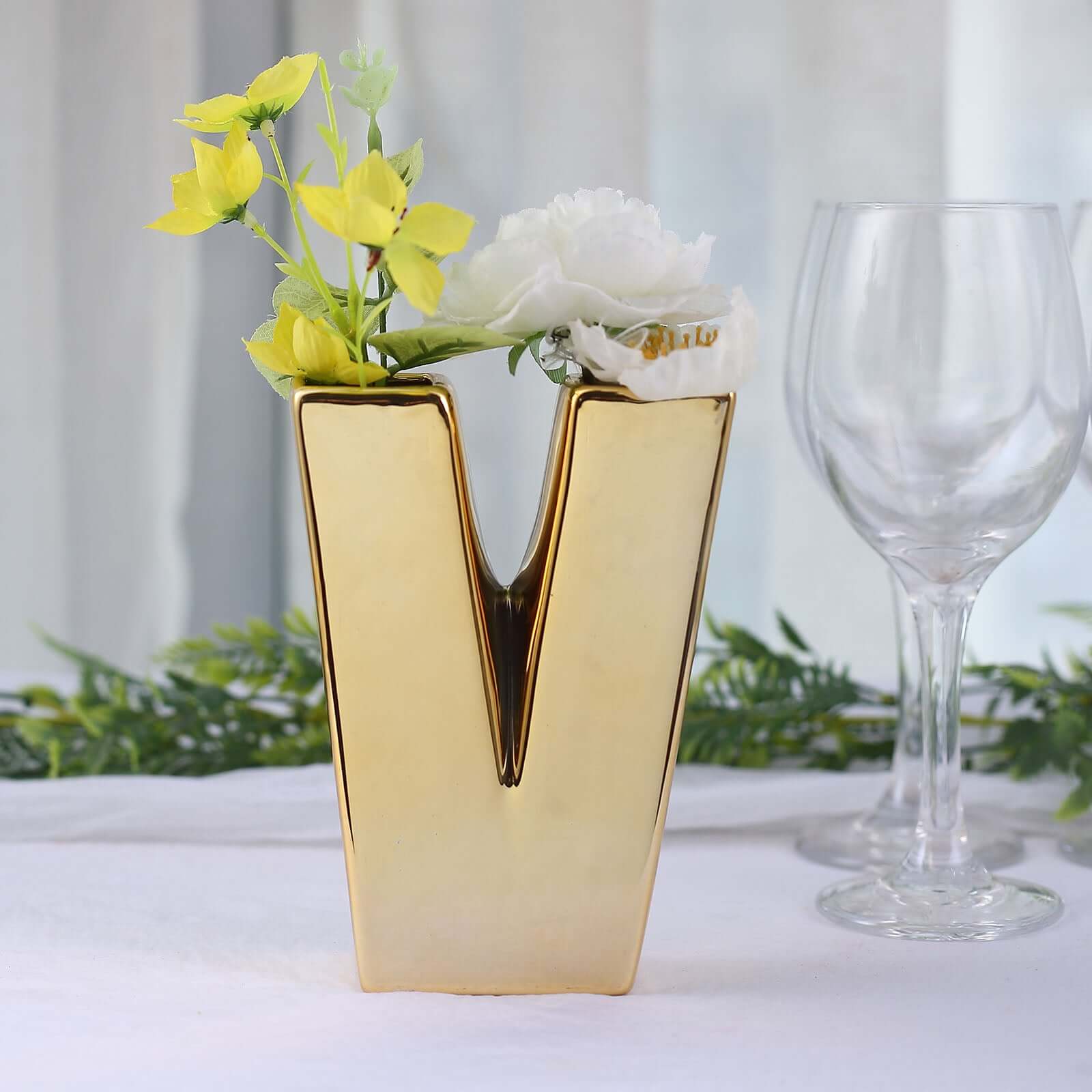 Ceramic Letter "V" Vase Shiny Gold Plated 6" - Stylish Bud Planter Pot for Table Centerpieces