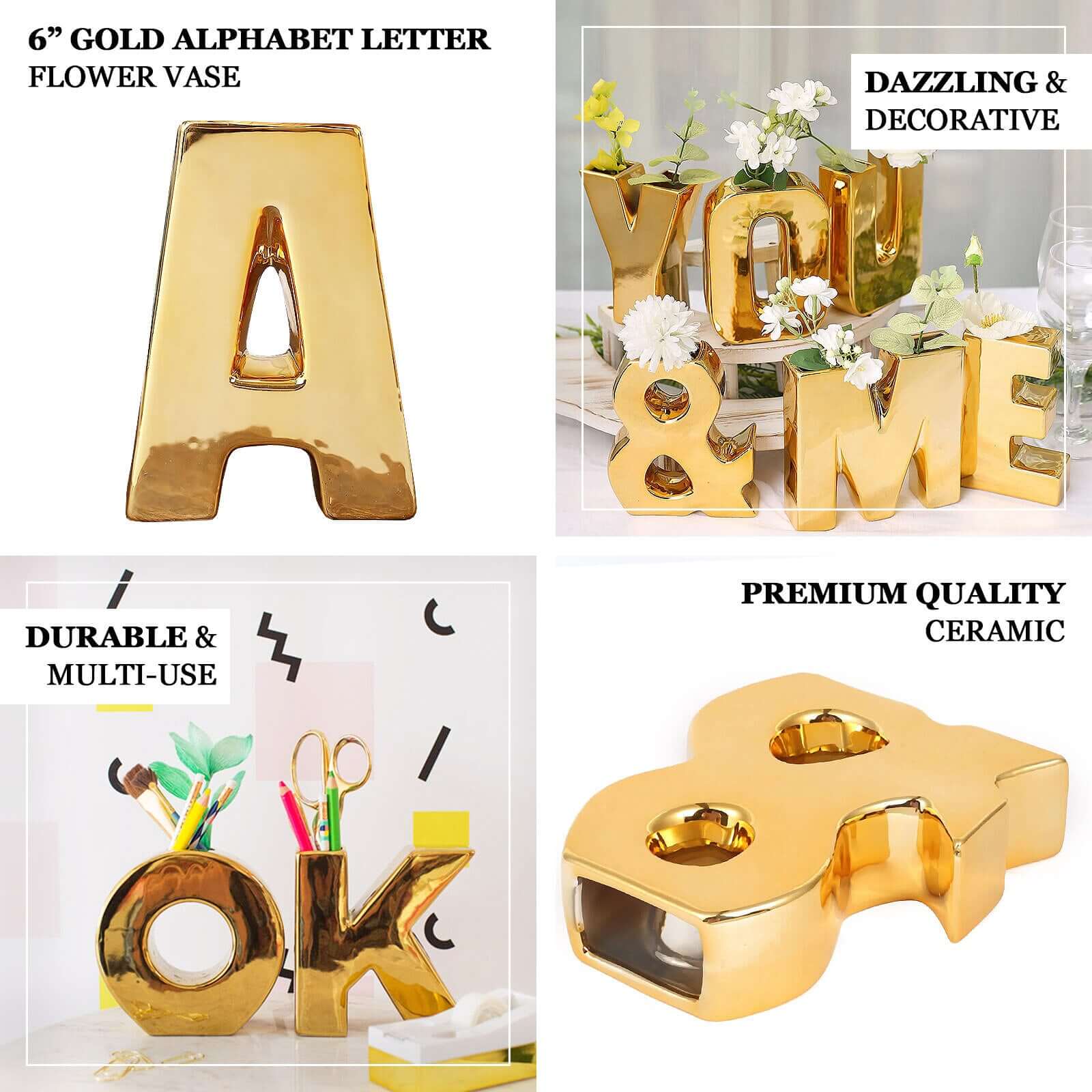 Ceramic Letter "W" Vase Shiny Gold Plated 6" - Stylish Bud Planter Pot for Table Centerpieces - Image 4