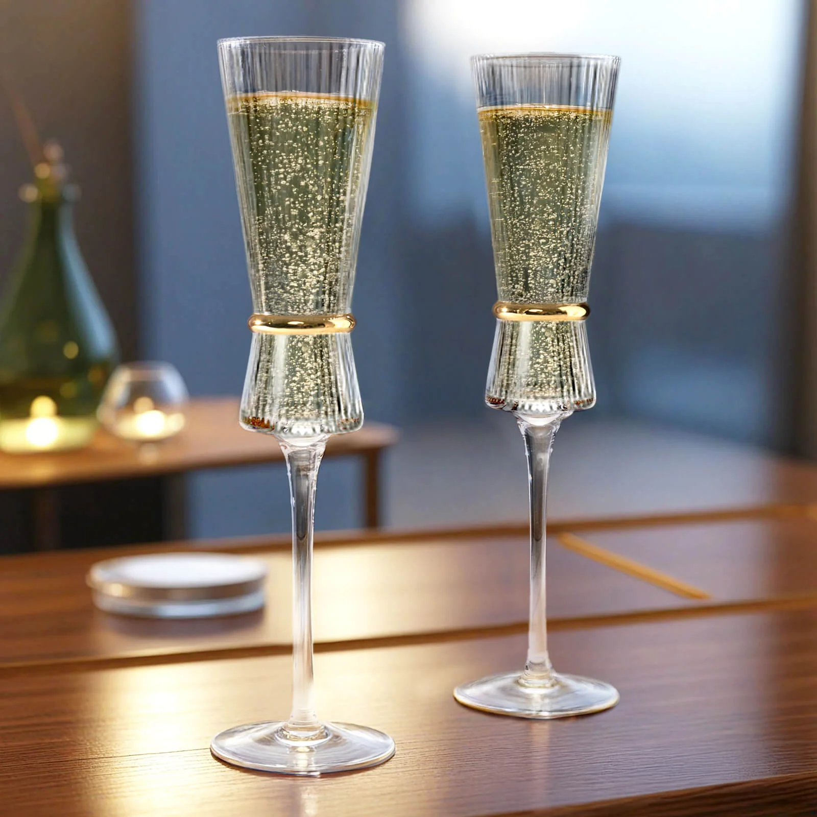6-Pack Champagne Flutes – 6oz Real Glass, Clear Ribbed Stemware with Gold Ring Accent, Elegant Toasting Glasses for Weddings, Parties & Celebrations – 10" Tall