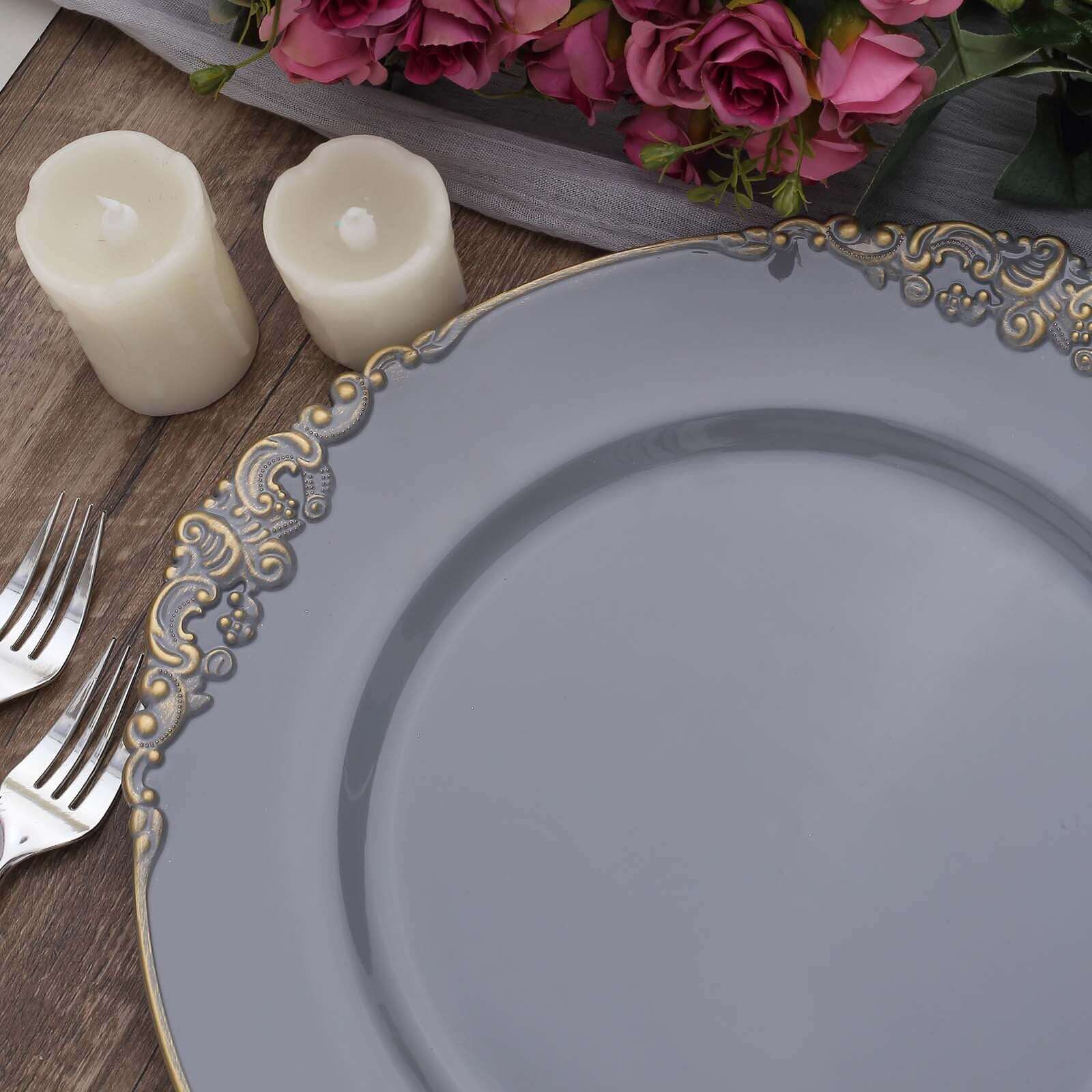 6-Pack Acrylic Charger Plates 13" Round Charcoal Gray with Gold Embossed Baroque Rim - Antique Decorative Dinner Tableware - Image 10