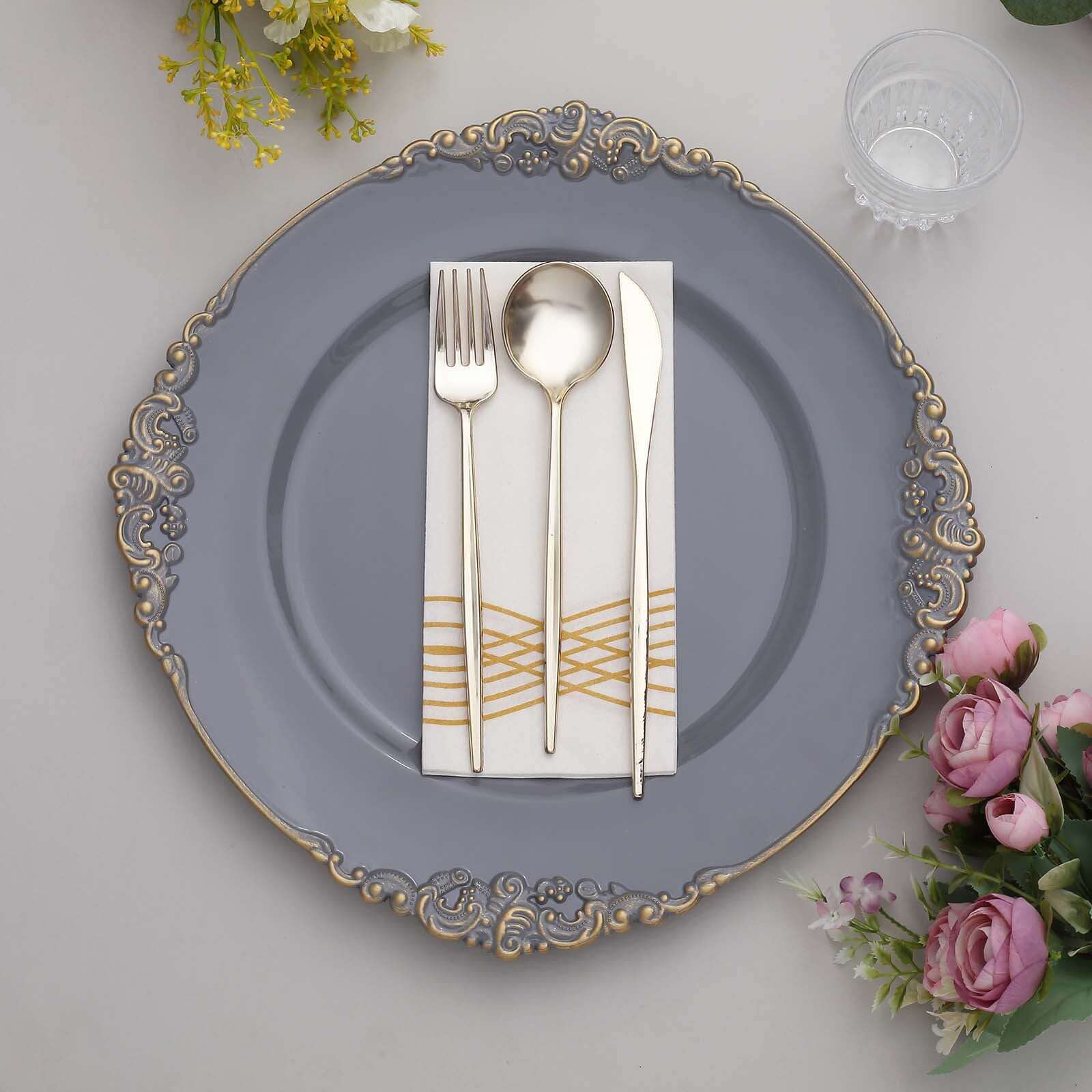 6-Pack Acrylic Charger Plates 13" Round Charcoal Gray with Gold Embossed Baroque Rim - Antique Decorative Dinner Tableware - Image 2