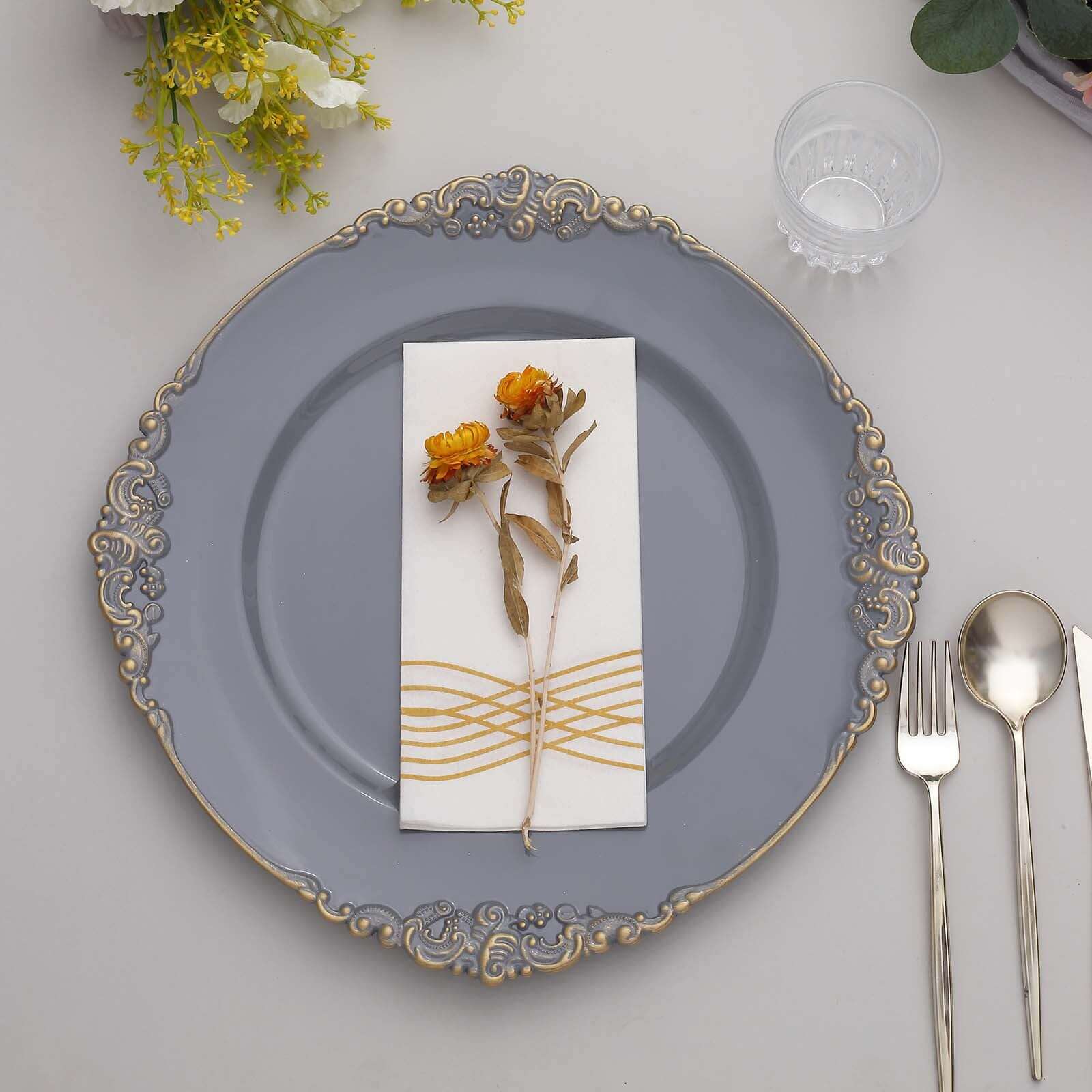 6-Pack Acrylic Charger Plates 13" Round Charcoal Gray with Gold Embossed Baroque Rim - Antique Decorative Dinner Tableware - Image 9