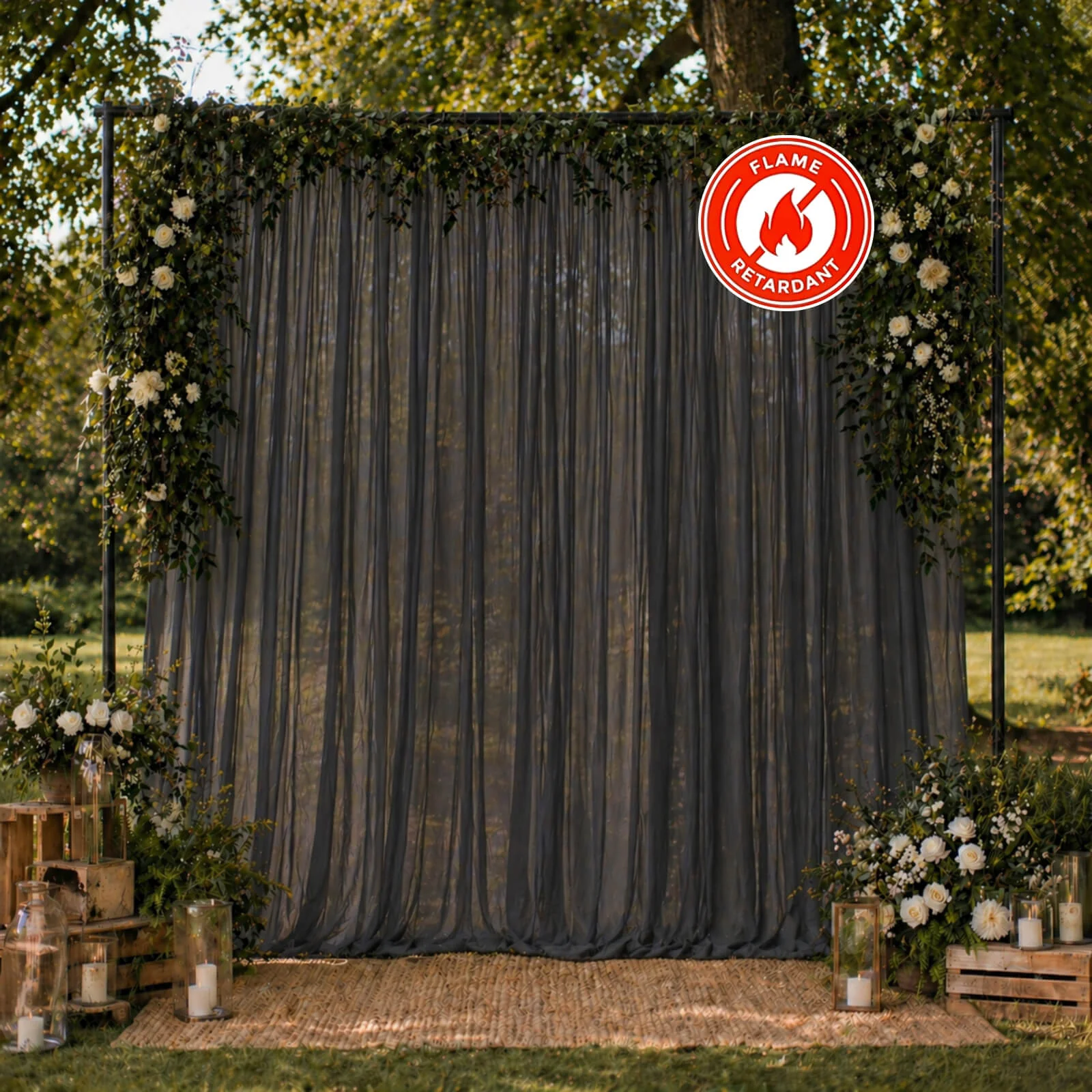 Chiffon Backdrop Curtain Panel 10ft x 10ft – Black Durable Flame Resistant Sheer Draping Fabric with Rod Pocket - Image 3