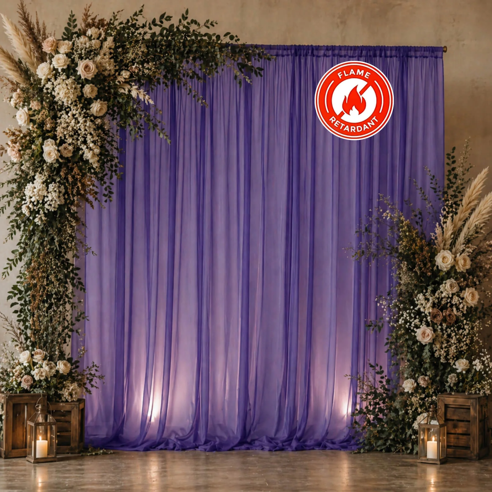 Chiffon Backdrop Curtain Panel 10ft x 10ft – Purple Durable Flame Resistant Sheer Draping Fabric with Rod Pocket