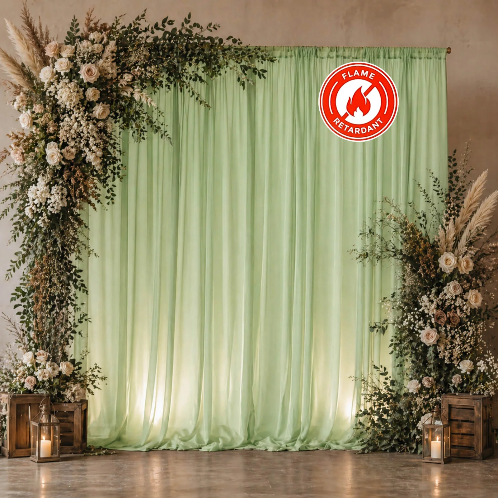 Chiffon Backdrop Curtain Panel 10ft x 10ft – Sage Green Durable Flame Resistant Sheer Draping Fabric with Rod Pocket