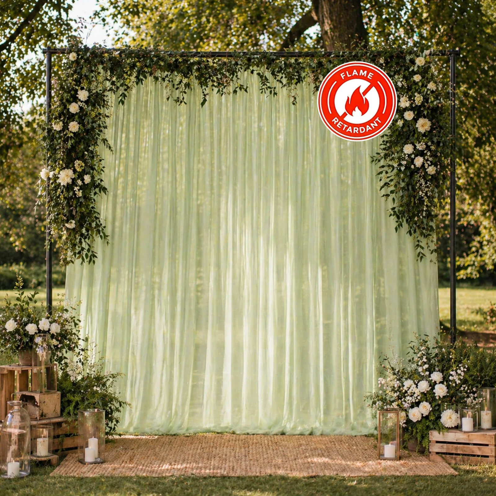 Chiffon Backdrop Curtain Panel 10ft x 10ft – Sage Green Durable Flame Resistant Sheer Draping Fabric with Rod Pocket - Image 3
