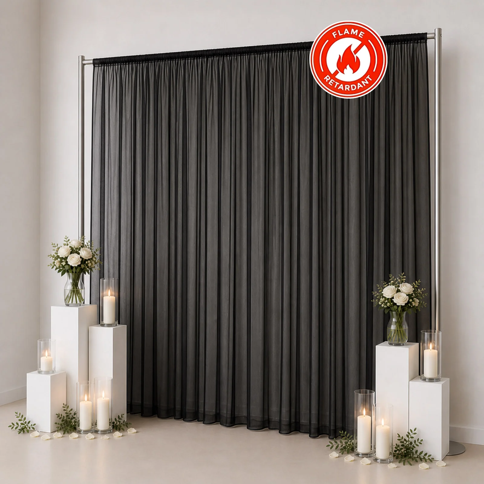 Chiffon Backdrop Curtain Panel 10ft x 12ft – Black Durable Flame Resistant Sheer Draping Fabric with Rod Pocket - Image 3
