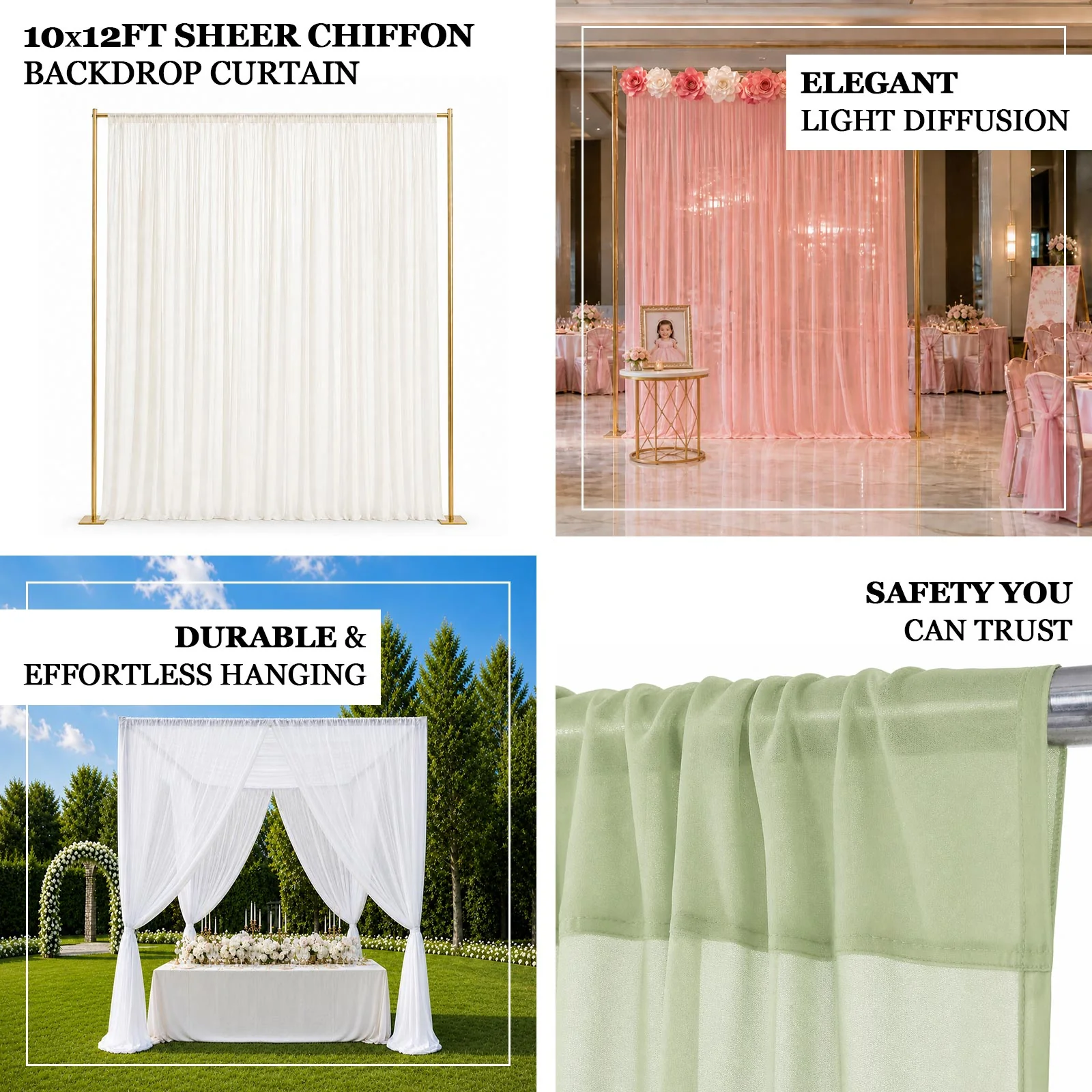 Chiffon Backdrop Curtain Panel 10ft x 12ft – Ivory Durable Flame Resistant Sheer Draping Fabric with Rod Pocket - Image 4