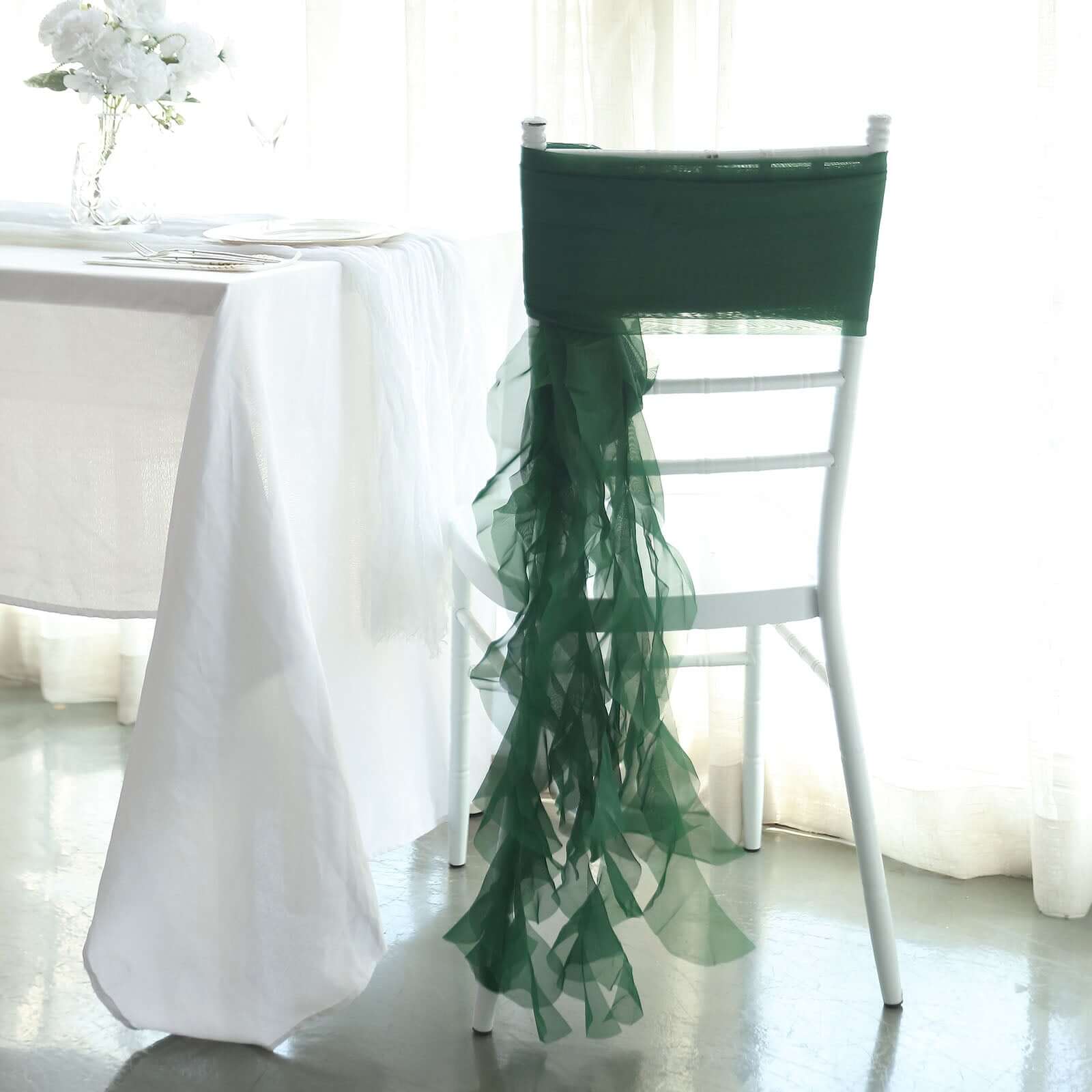 Chiffon Curly Chair Sash 32" Long – Hunter Emerald Green 6-Strand Ribbon Tie - Image 2