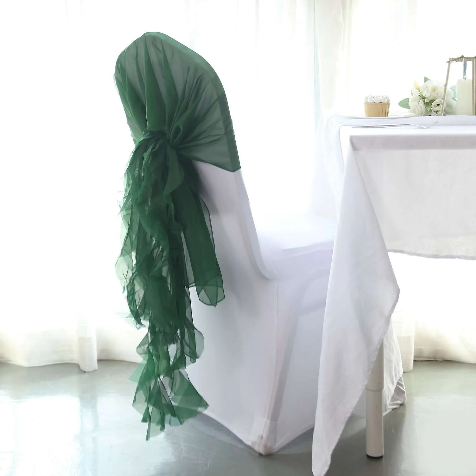 Chiffon Curly Chair Sash 32" Long – Hunter Emerald Green 6-Strand Ribbon Tie - Image 3