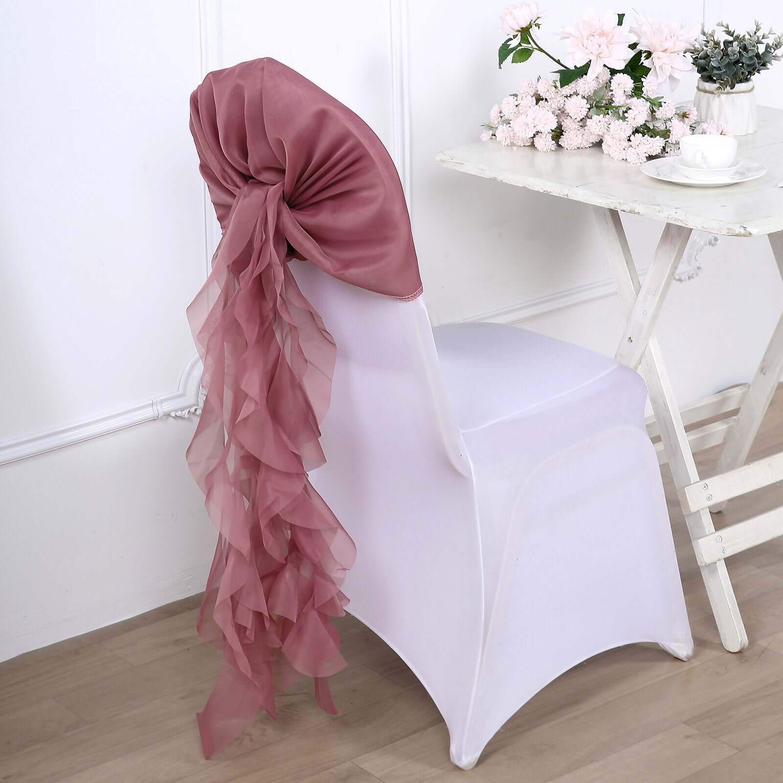 Chiffon Curly Chair Sash 32" Long – Mauve/Cinnamon Rose 6-Strand Ribbon Tie - Image 9