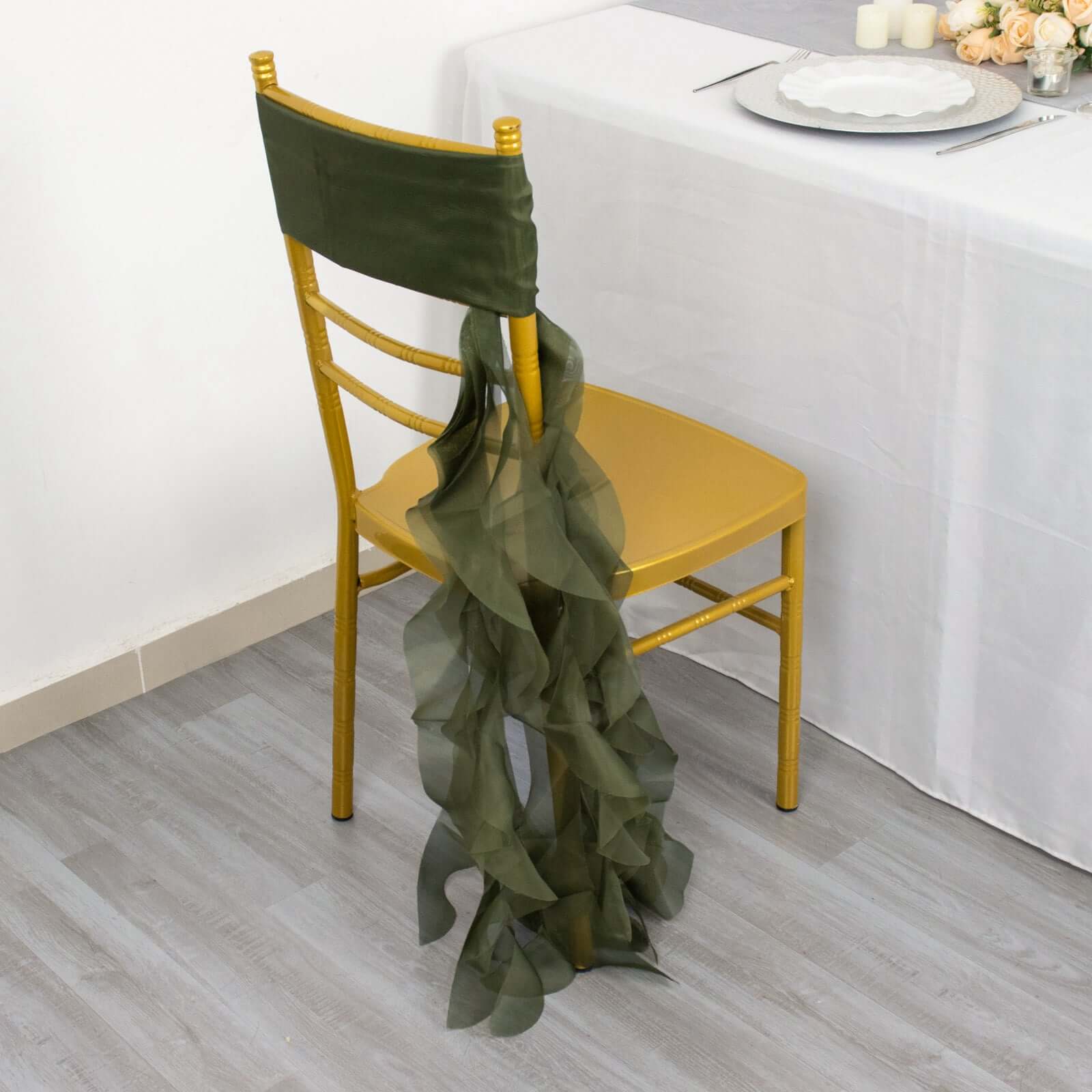 Chiffon Curly Chair Sash 32" Long – Olive Green 6-Strand Ribbon Tie - Image 6