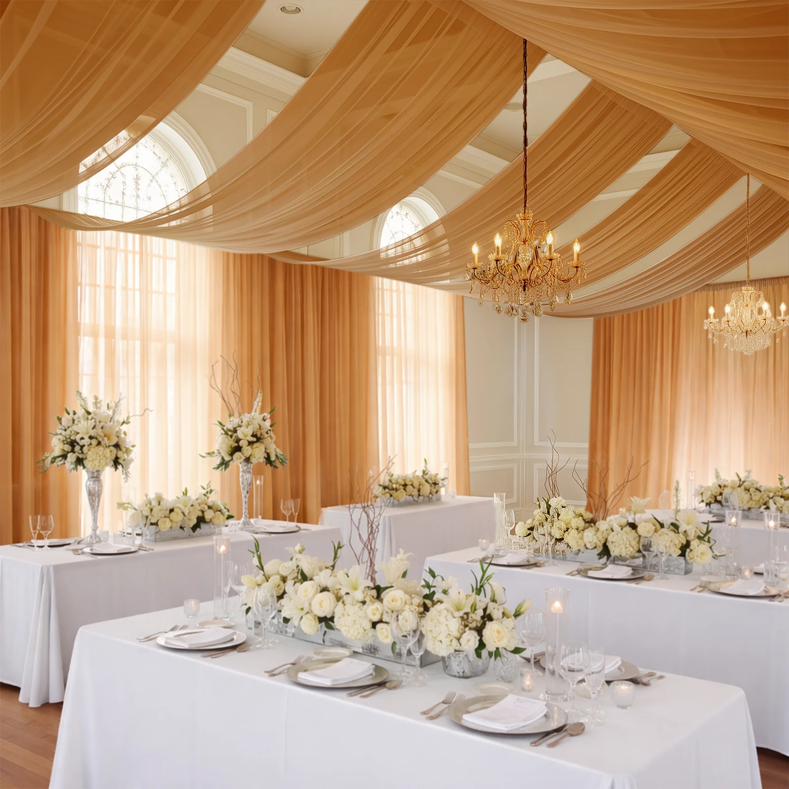 Gold Chiffon Drape Curtain, Durable Flame Resistant Backdrop and Ceiling Panel With Rod Pocket - 5ftx20ft