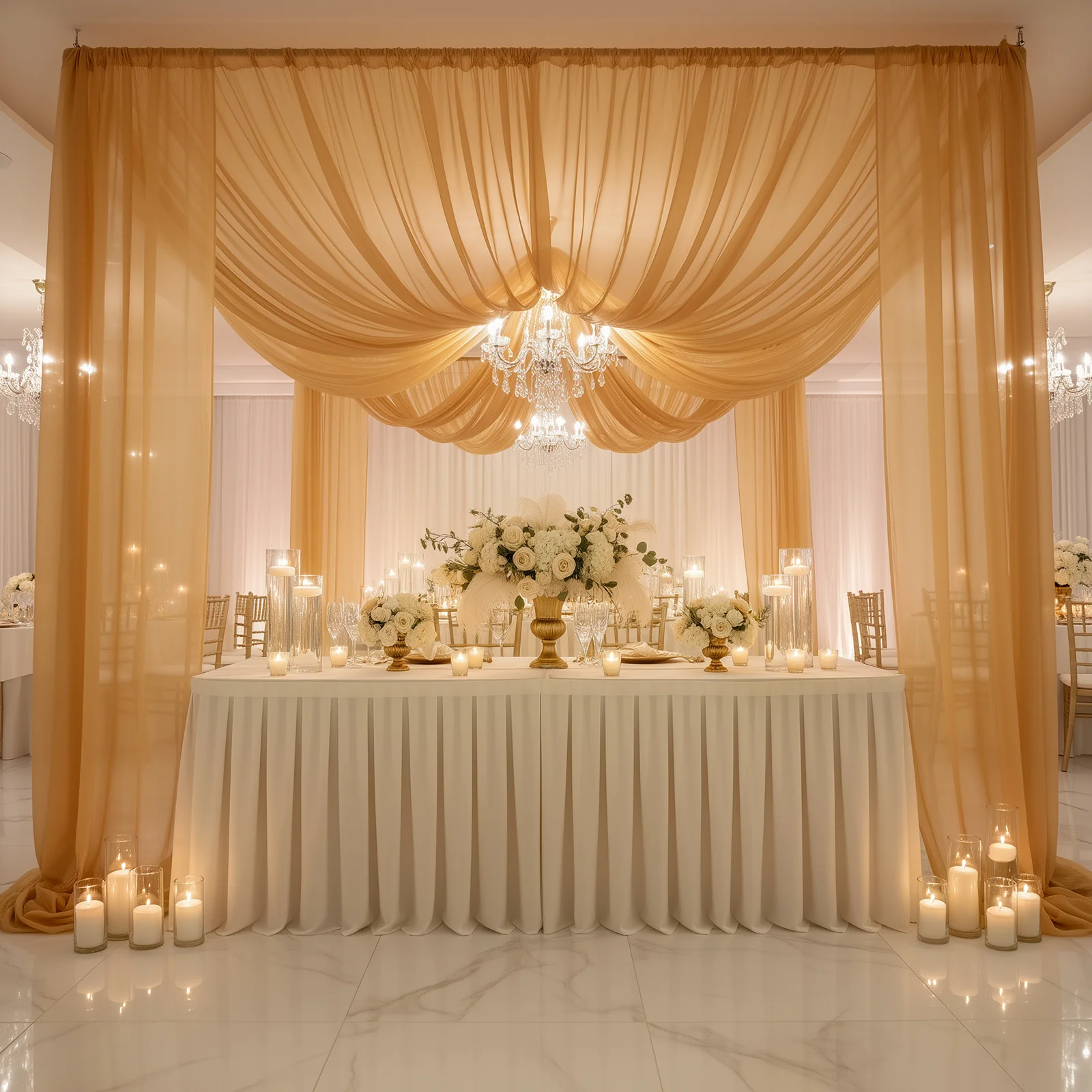 Gold Chiffon Drape Curtain, Durable Flame Resistant Backdrop and Ceiling Panel With Rod Pocket - 5ftx20ft - Image 3