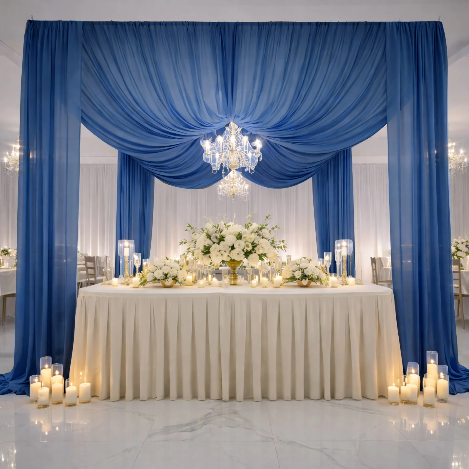 Navy Blue Chiffon Drape Curtain, Durable Flame Resistant Backdrop and Ceiling Panel With Rod Pocket - 5ftx20ft - Image 3