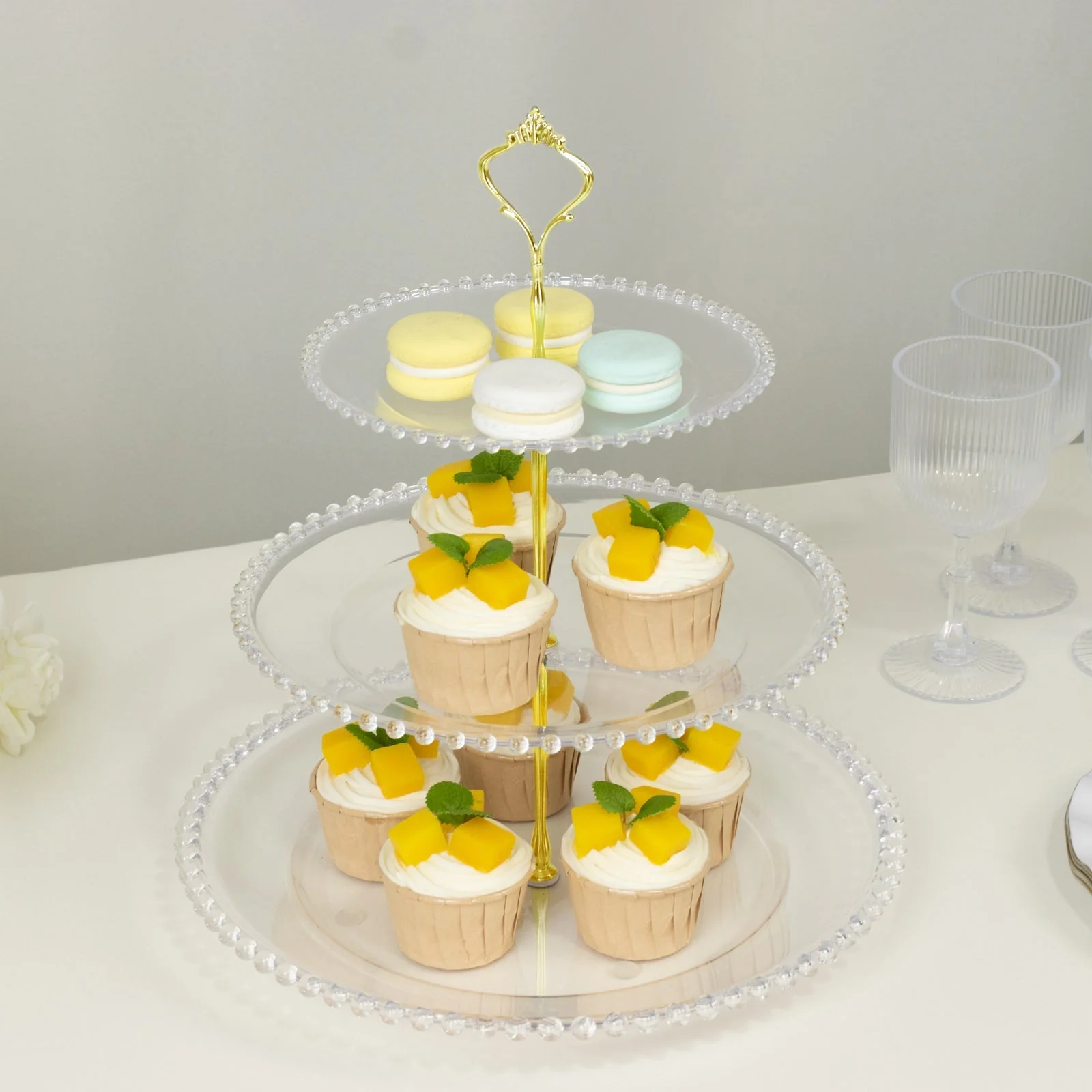 Clear 3-Tier Round Plastic Cupcake Tower Stand with Beaded Rim, Dessert Display Tea Party Serving Platter With Top Handle - 14" Tall - Image 10
