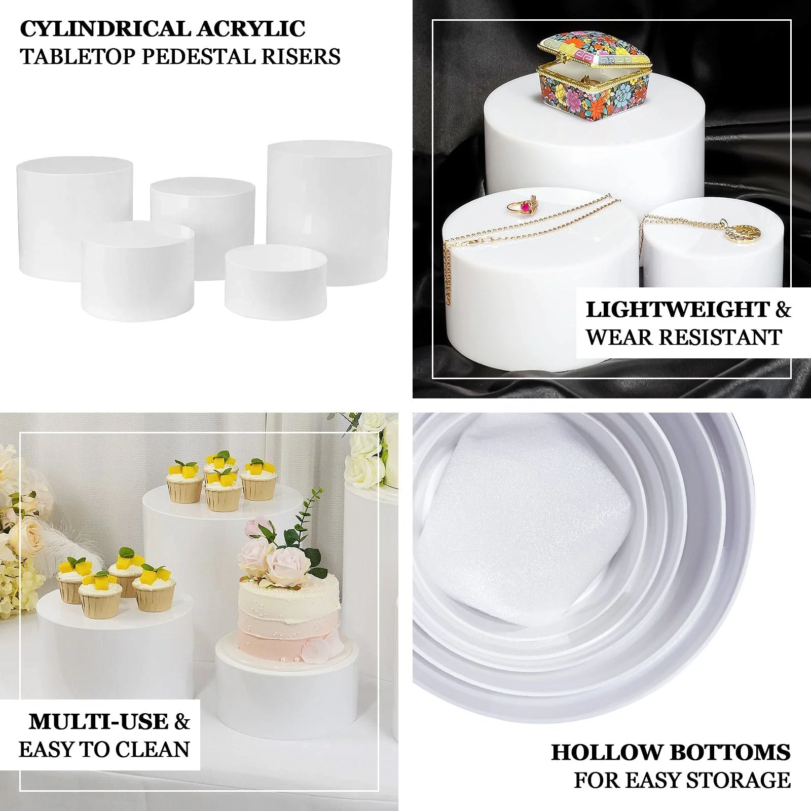 Set of 5 Acrylic Cake Stands 8.5", 9", 10", 11", 12" Round Cylinder Design Clear - Display Risers for Weddings - Image 3