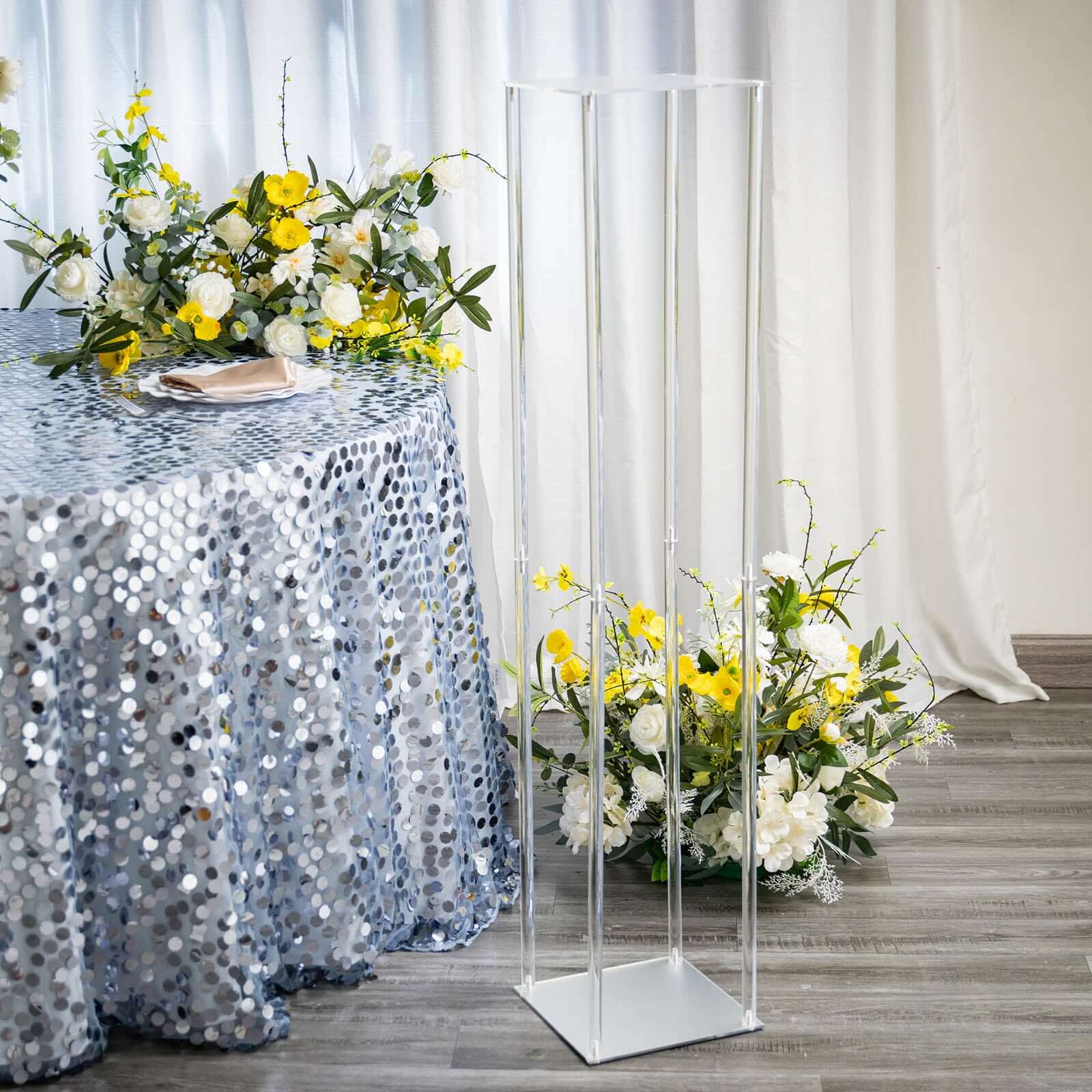 Acrylic Floor Vase Flower Stand 48" Clear with Square Mirror Base - Wedding Column Centerpiece for Grand Displays