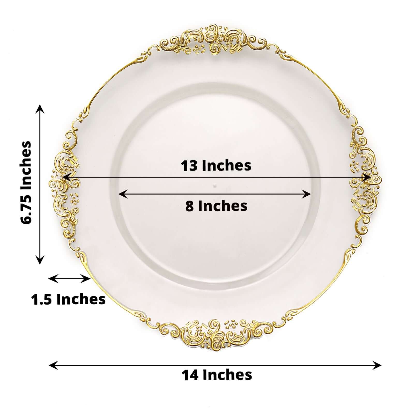 6-Pack Acrylic Charger Plates 13" Round Clear with Gold Embossed Baroque Rim - Antique Decorative Dinner Tableware - Image 2