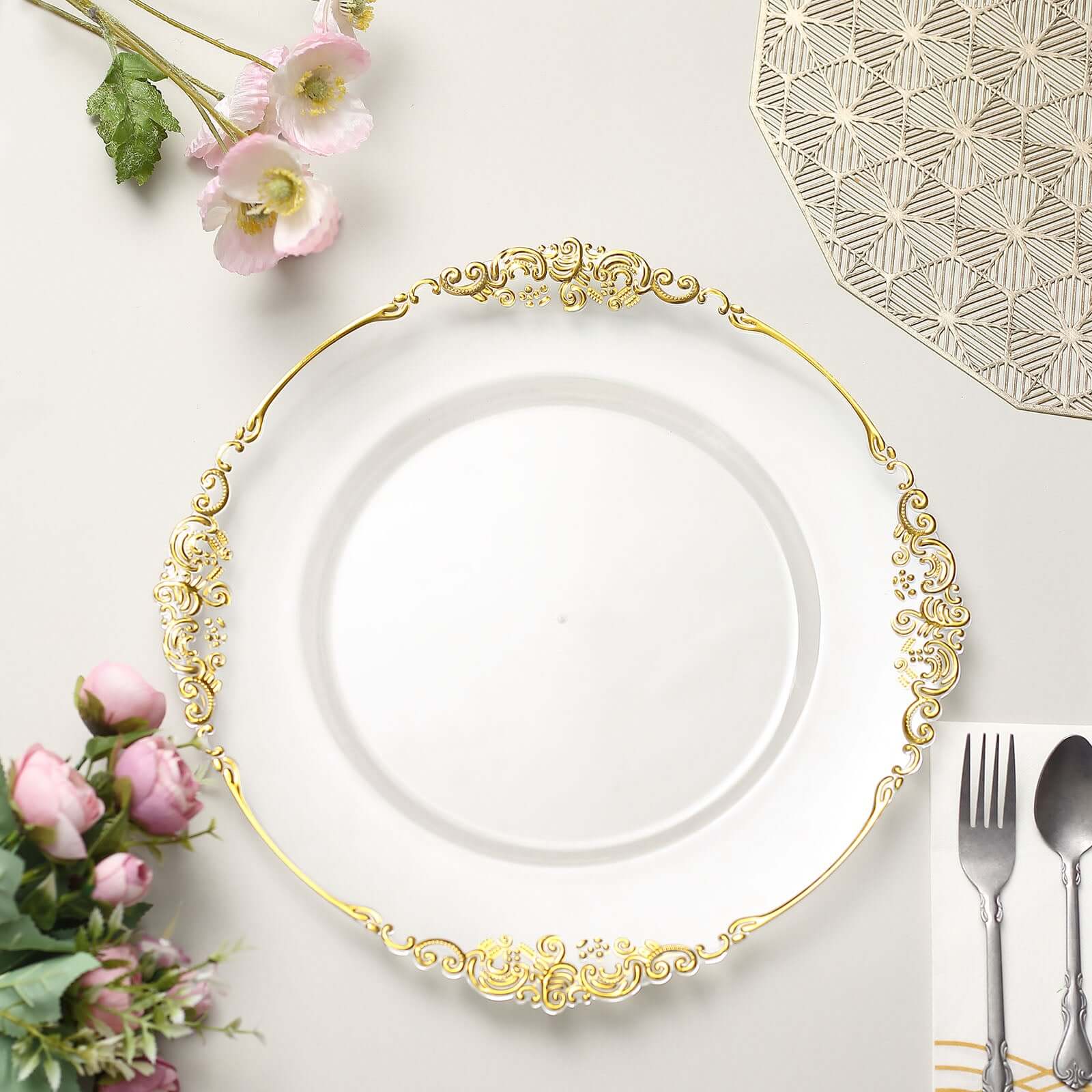 6-Pack Acrylic Charger Plates 13" Round Clear with Gold Embossed Baroque Rim - Antique Decorative Dinner Tableware - Image 4