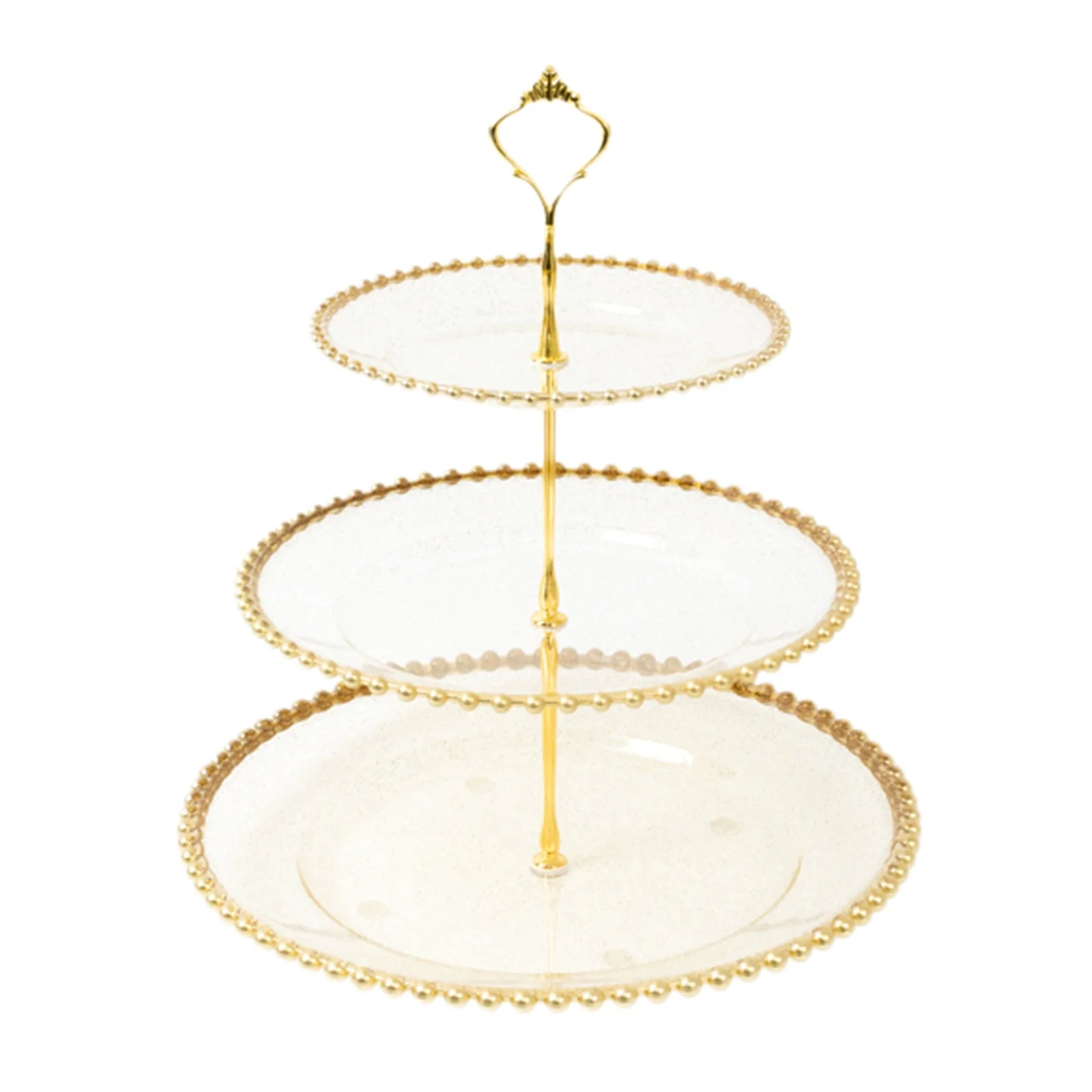 Clear Gold Glittered 3-Tier Round Plastic Cupcake Tower Stand with Gold Beaded Rim, Dessert Display Tea Party Serving Platter With Top Handle - 14" - Image 5