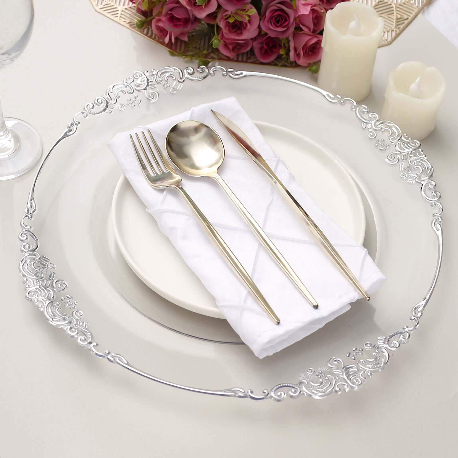 6-Pack Acrylic Charger Plates 13" Round Clear with Silver Embossed Baroque Rim - Antique Decorative Dinner Tableware - Image 6