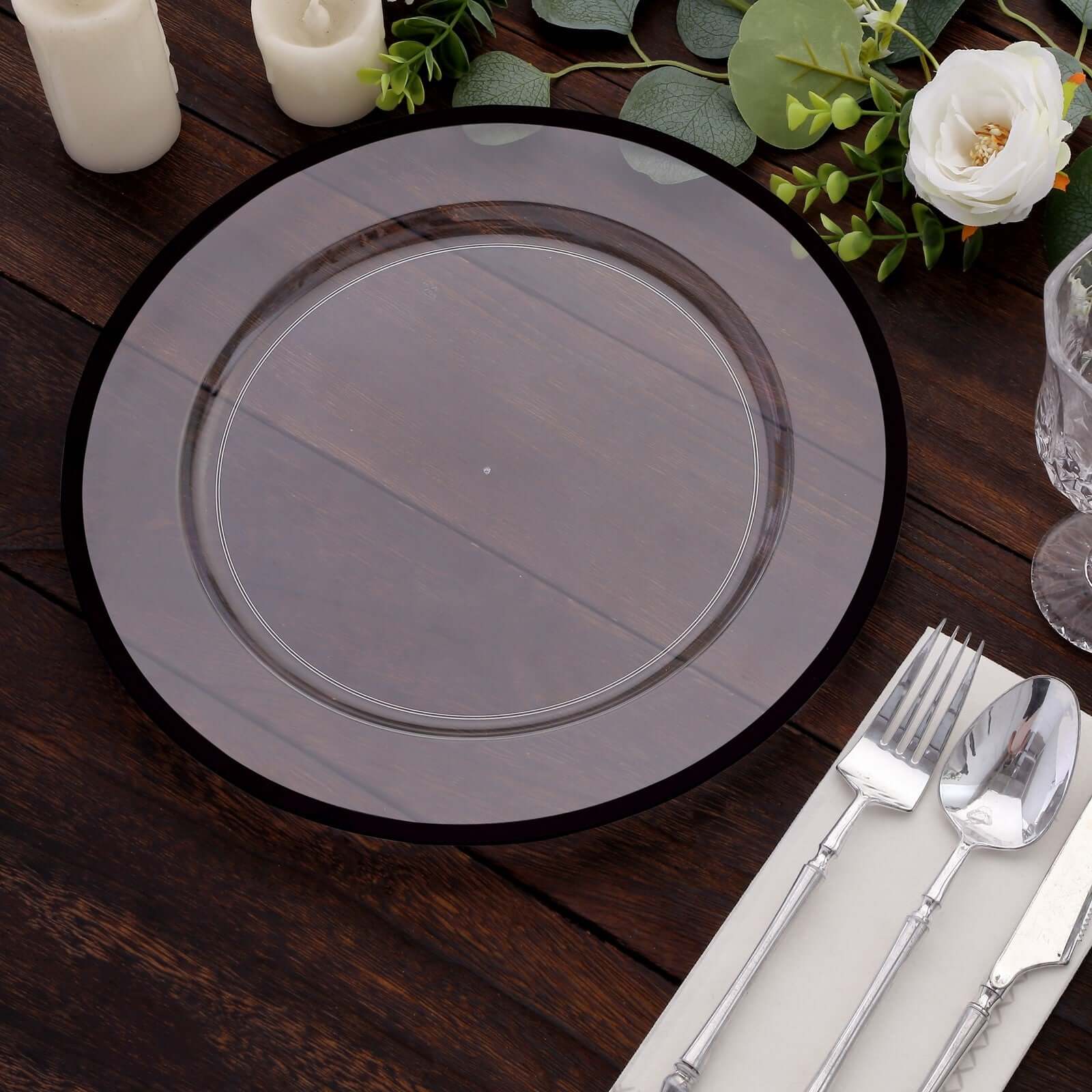 10-Pack Economy Plastic Charger Plates 12" Round Clear with Wide Black Rim - Dinner Party Serving Plates - Image 6