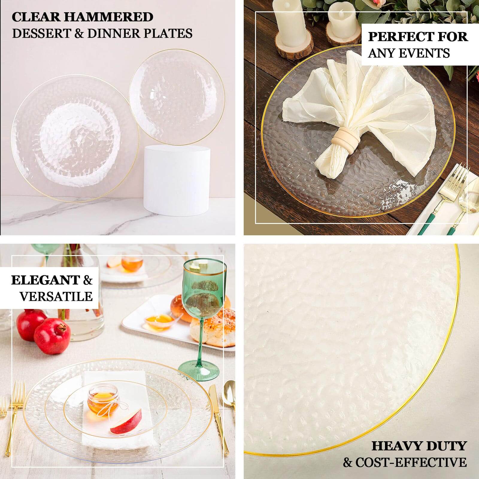 6-Pack Economy Plastic Charger Plates 13" Round Clear Hammered Design with Gold Rim - Decorative Dinner Party Serving Plates - Image 4