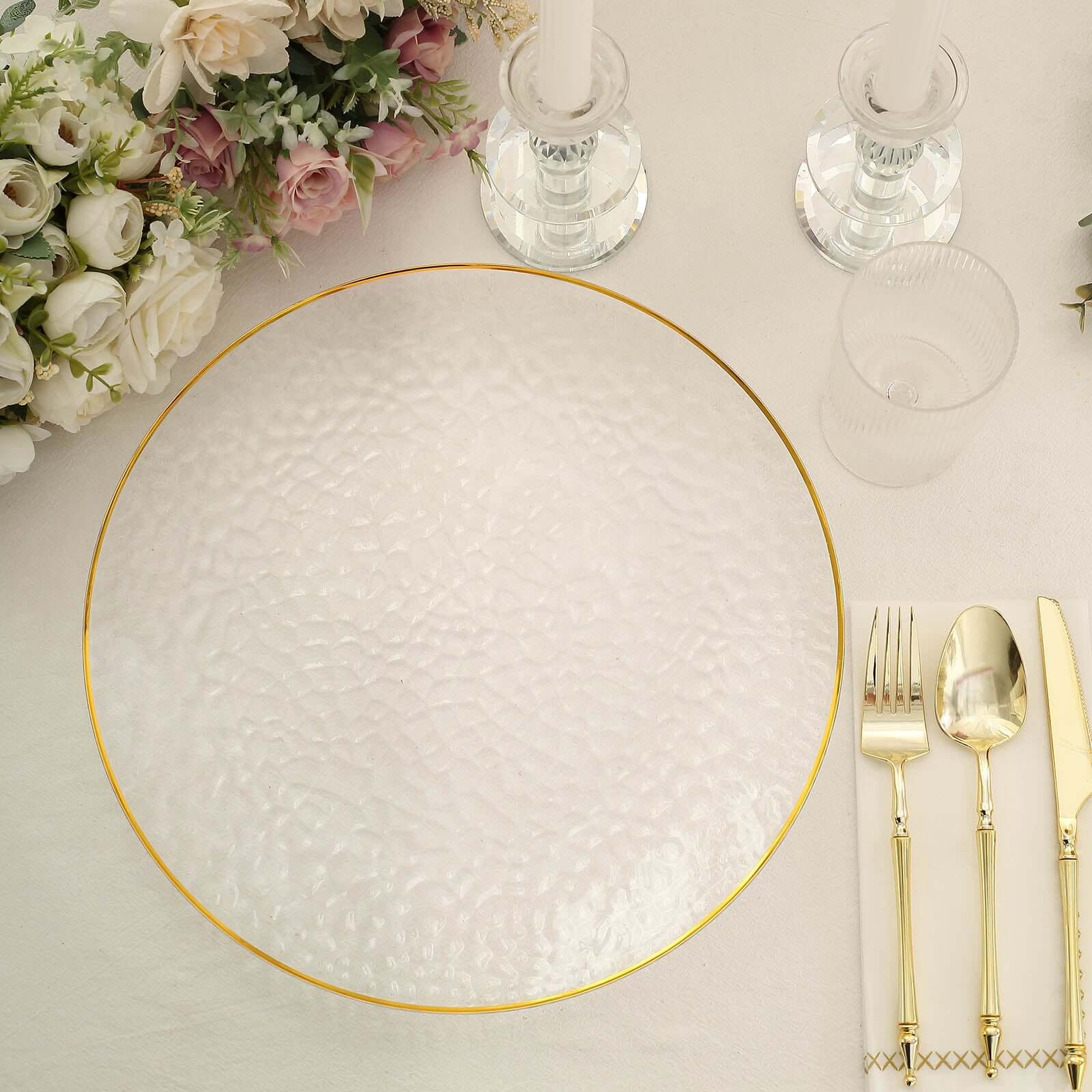 6-Pack Economy Plastic Charger Plates 13" Round Clear Hammered Design with Gold Rim - Decorative Dinner Party Serving Plates - Image 7